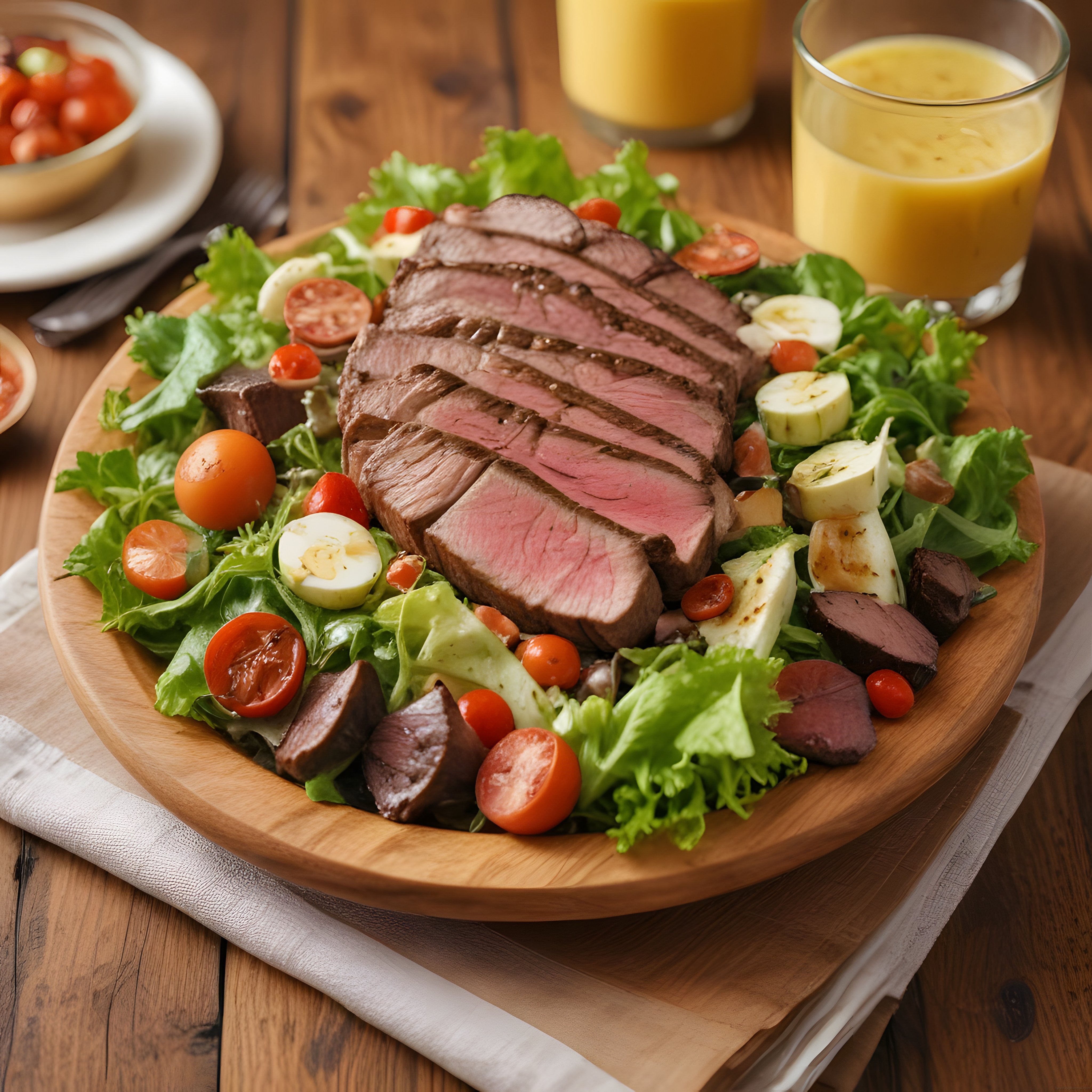 Ahşap Sunum Tahtasında Biftek Salata: Orta Pişmiş Et, Yumurta ve Avokado
