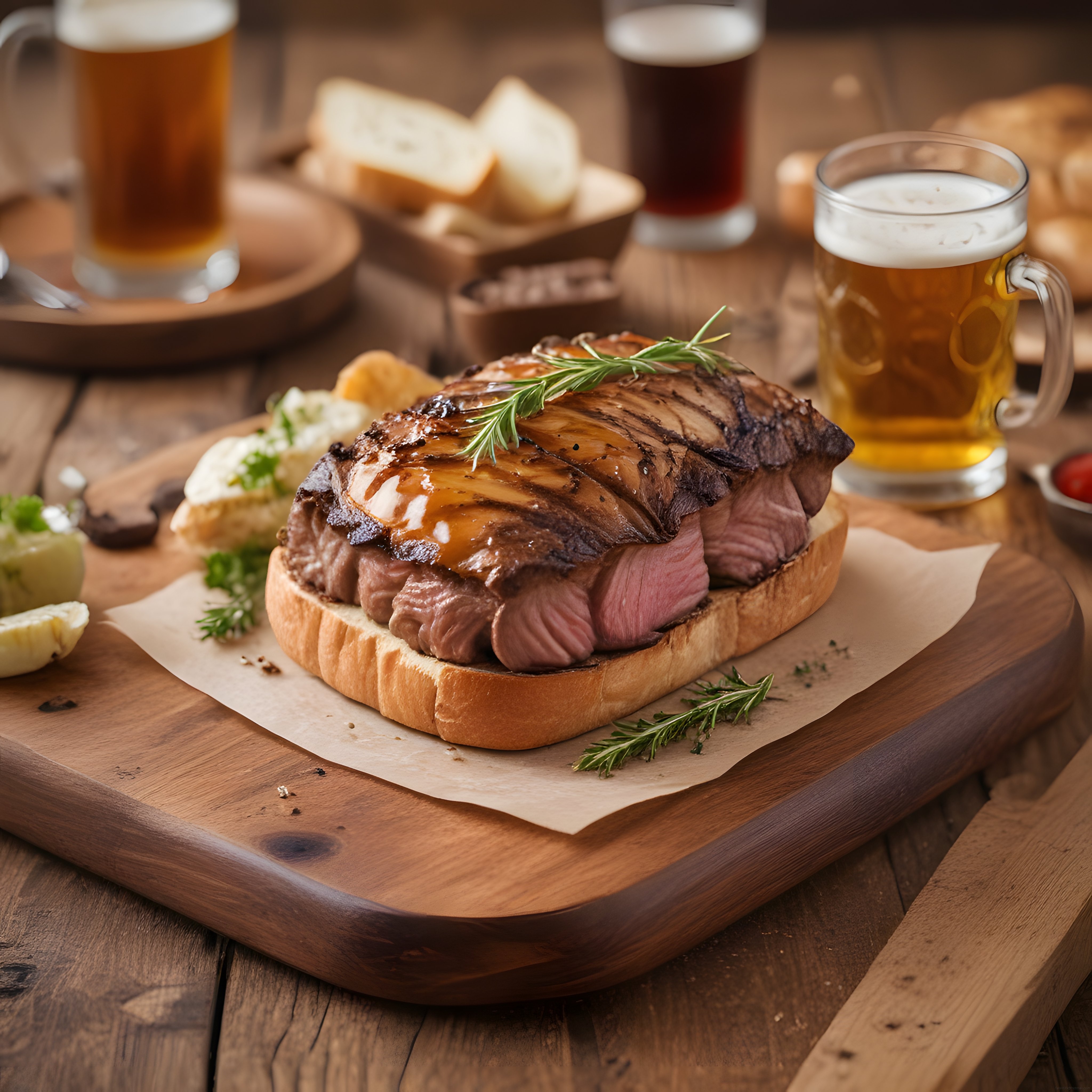 Ahşap Sunum Tahtasında Biftekli Açık Tost ve Bira Eşliğinde Pub Lezzeti