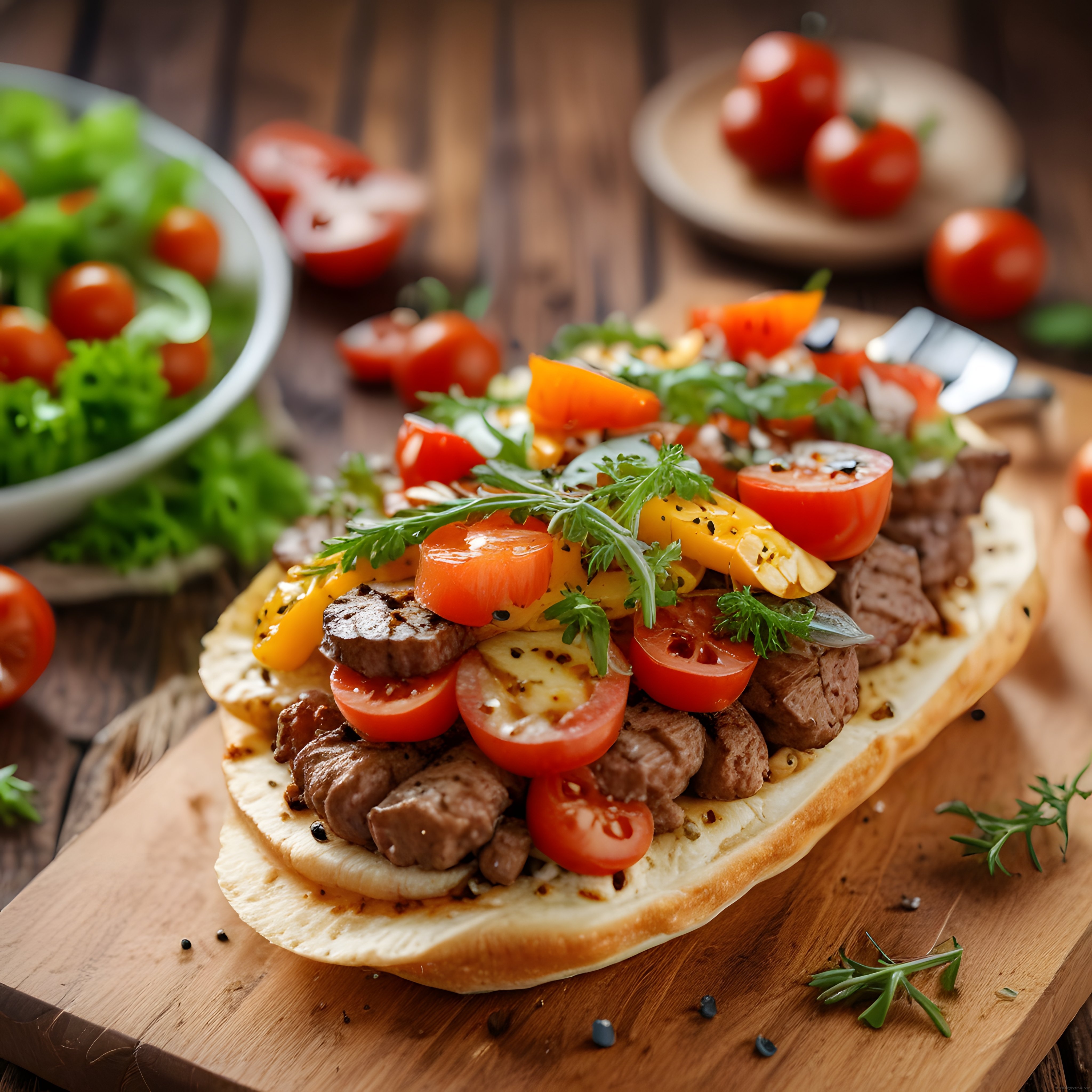 Ahşap Sunum Tahtasında Biftekli, Domatesli ve Yeşillikli Nefis Bir Flatbread