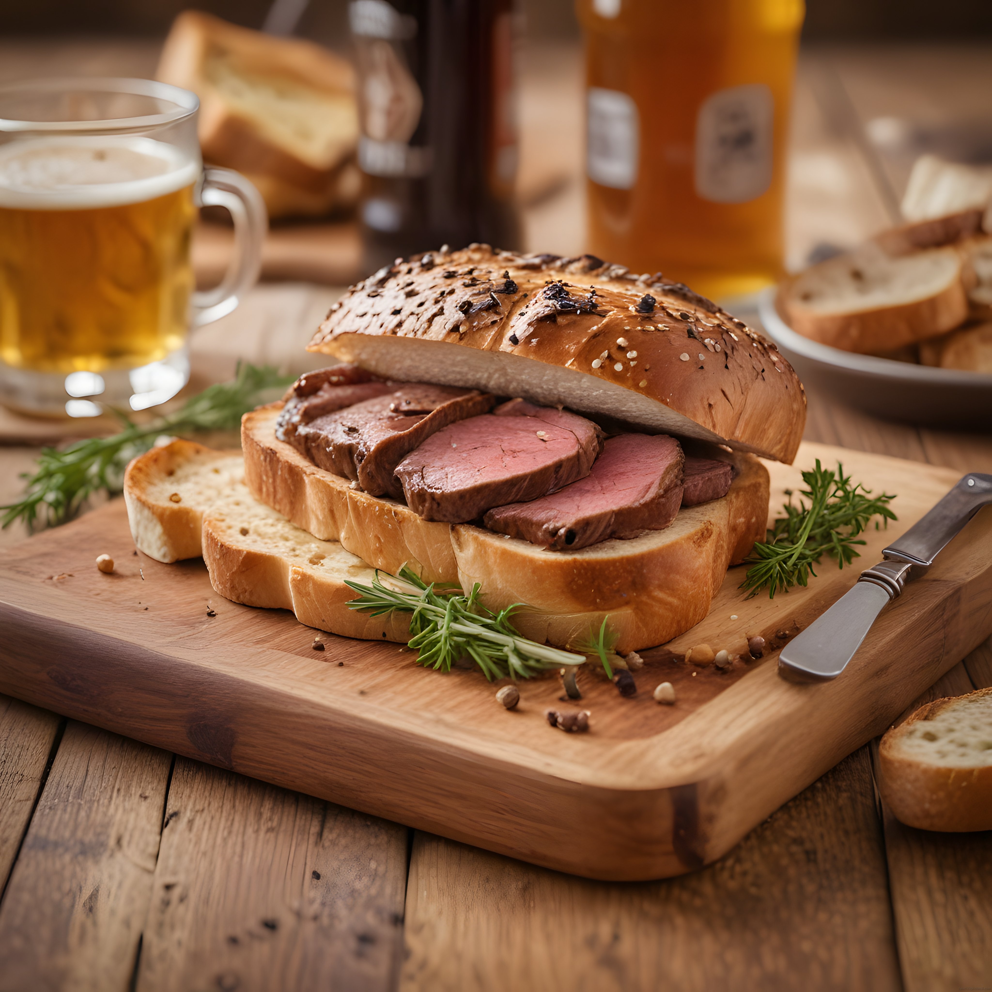 Ahşap Sunum Tahtasında Bira Eşliğinde Nefis Roast Beef Sandviç
