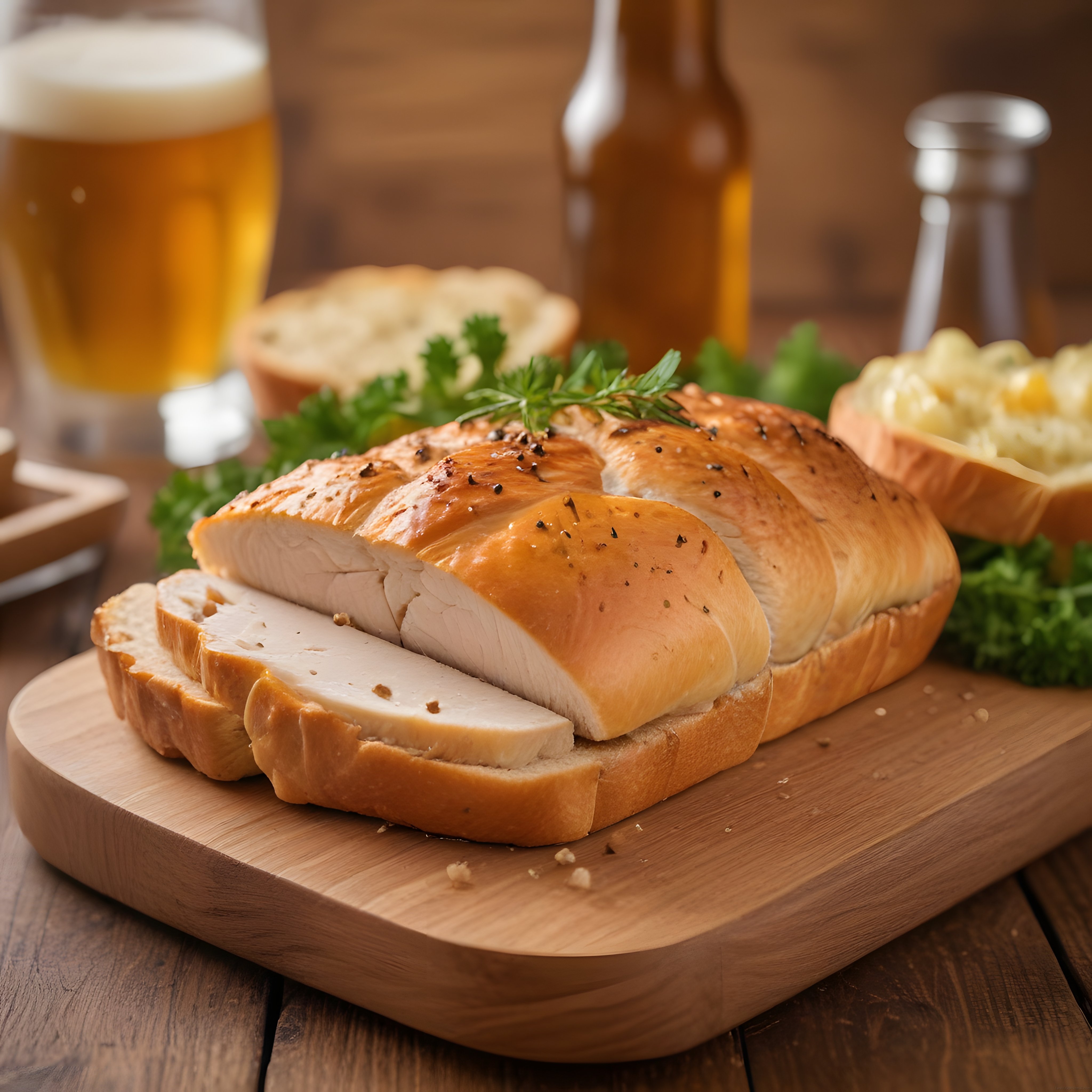 Ahşap Sunum Tahtasında Bira ve Patates Salatası Eşliğinde Tavuk Sandviç