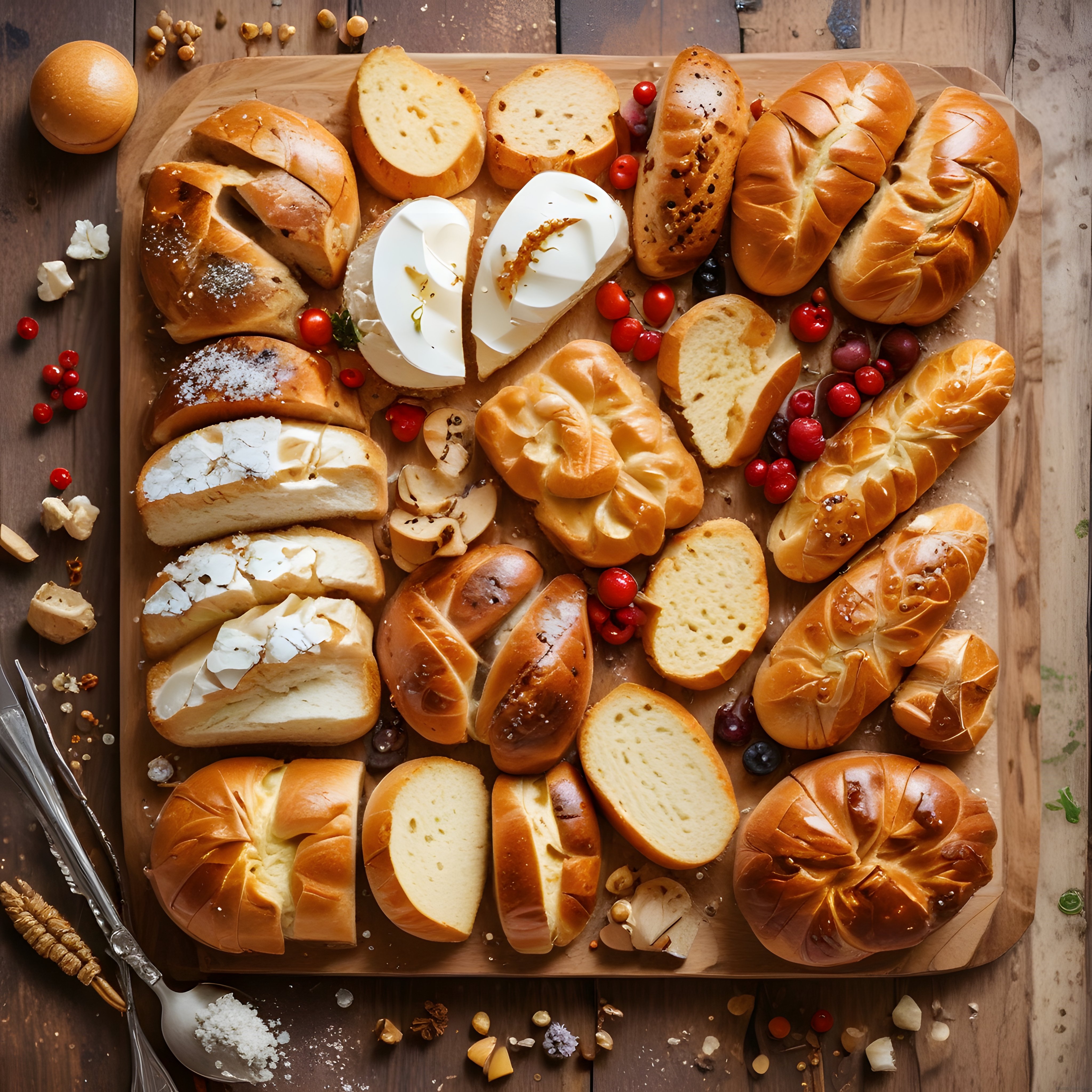 Ahşap Sunum Tahtasında Bol Çeşitli Kahvaltılık Ekmek ve Peynir Tabağı