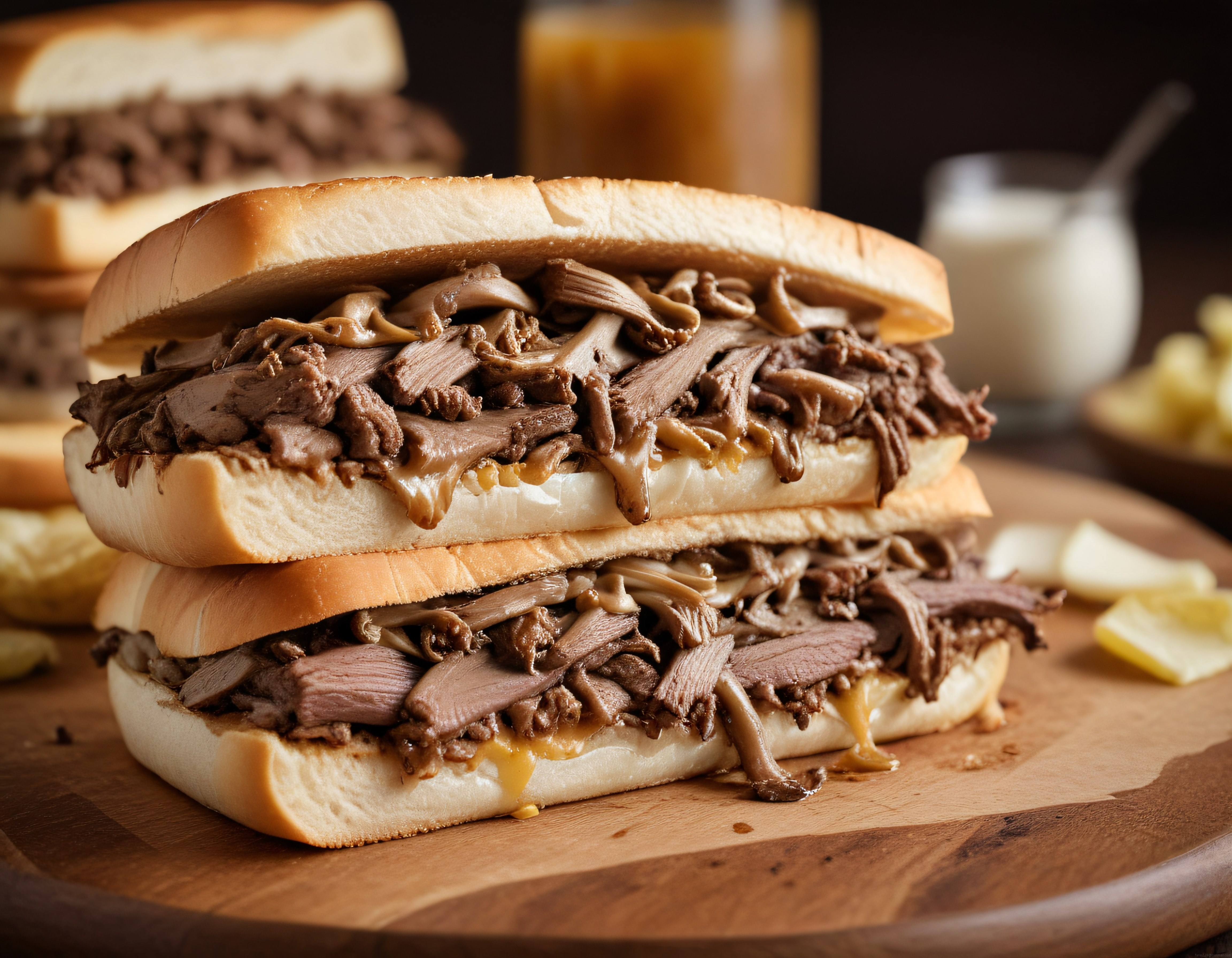 Ahşap sunum tahtasında bol etli çift katlı roast beef sandviç ve patates