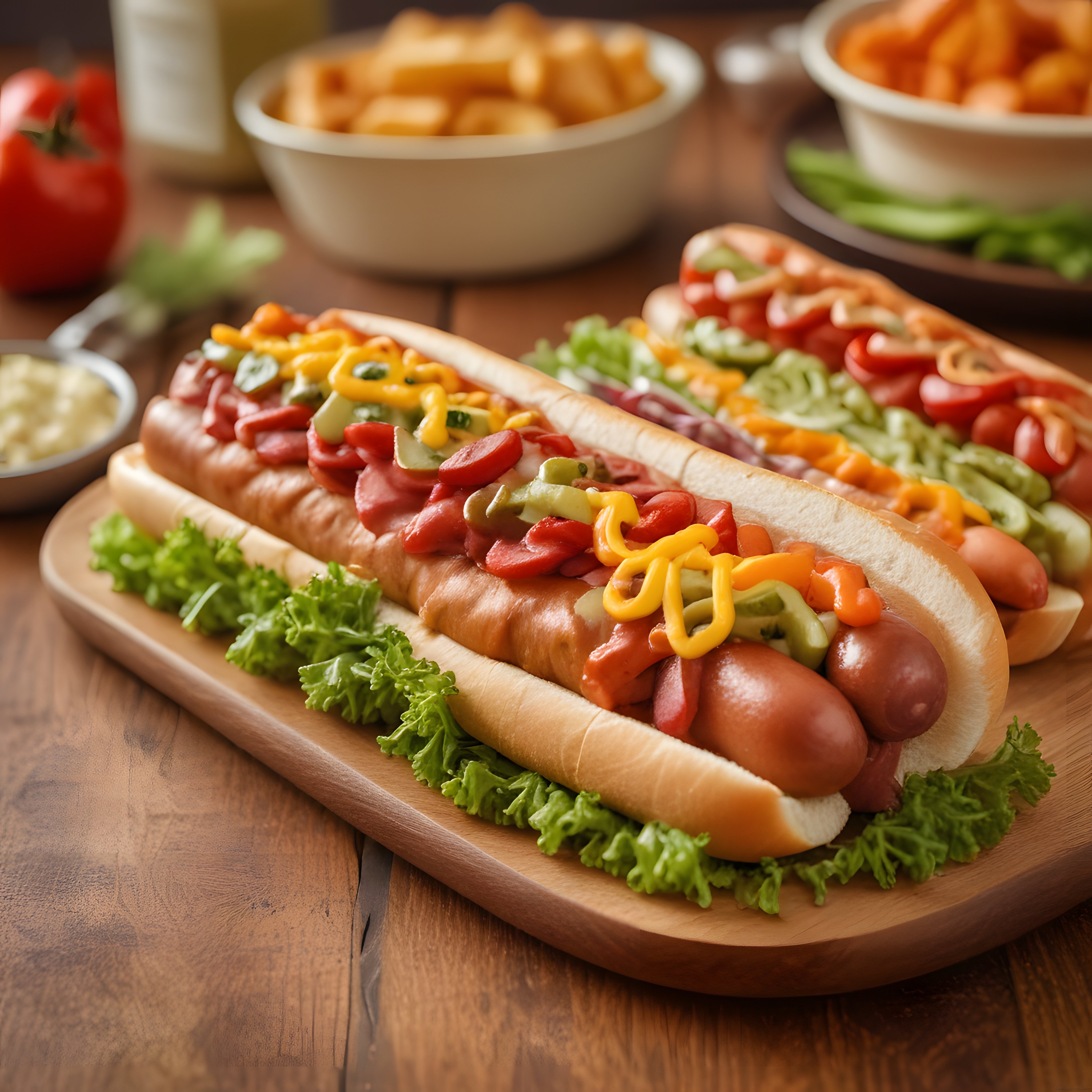 Ahşap Sunum Tahtasında Bol Malzemeli Ev Yapımı Hot Dog ve Sokak Lezzetleri