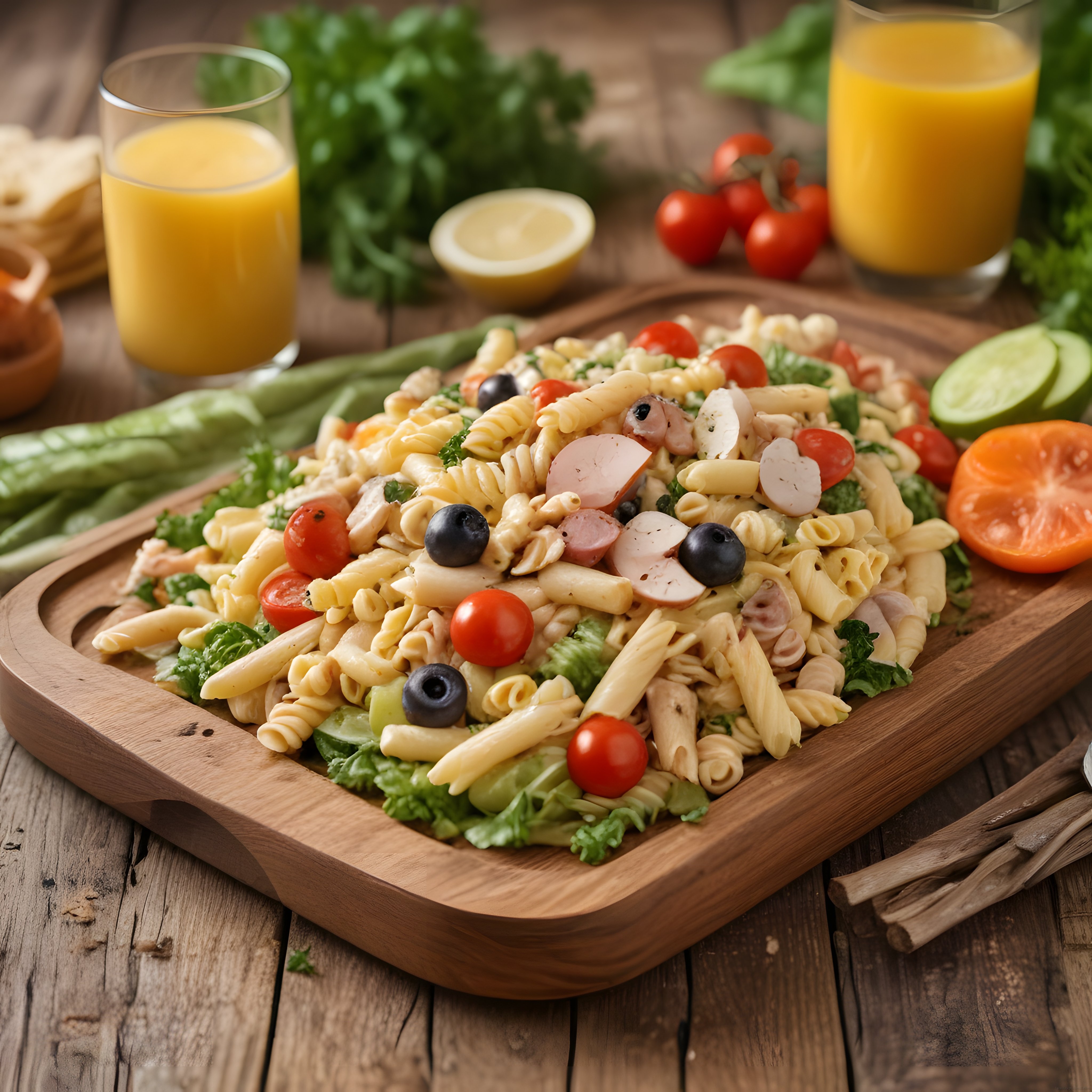 Ahşap sunum tahtasında bol malzemeli makarna salatası ve portakal suyu