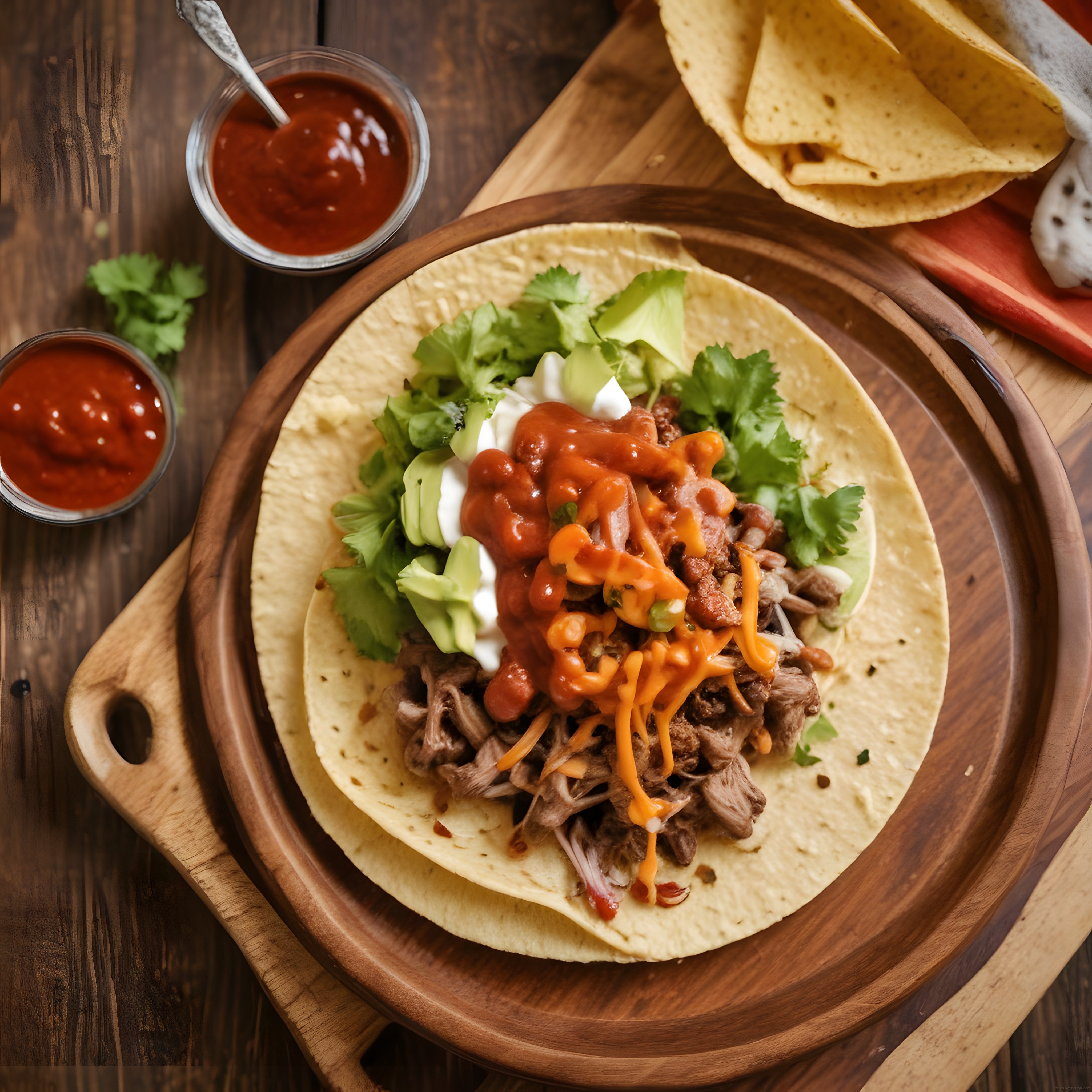 Ahşap Sunum Tahtasında Bol Malzemeli Meksika Taco ve Tortilla Cipsleri