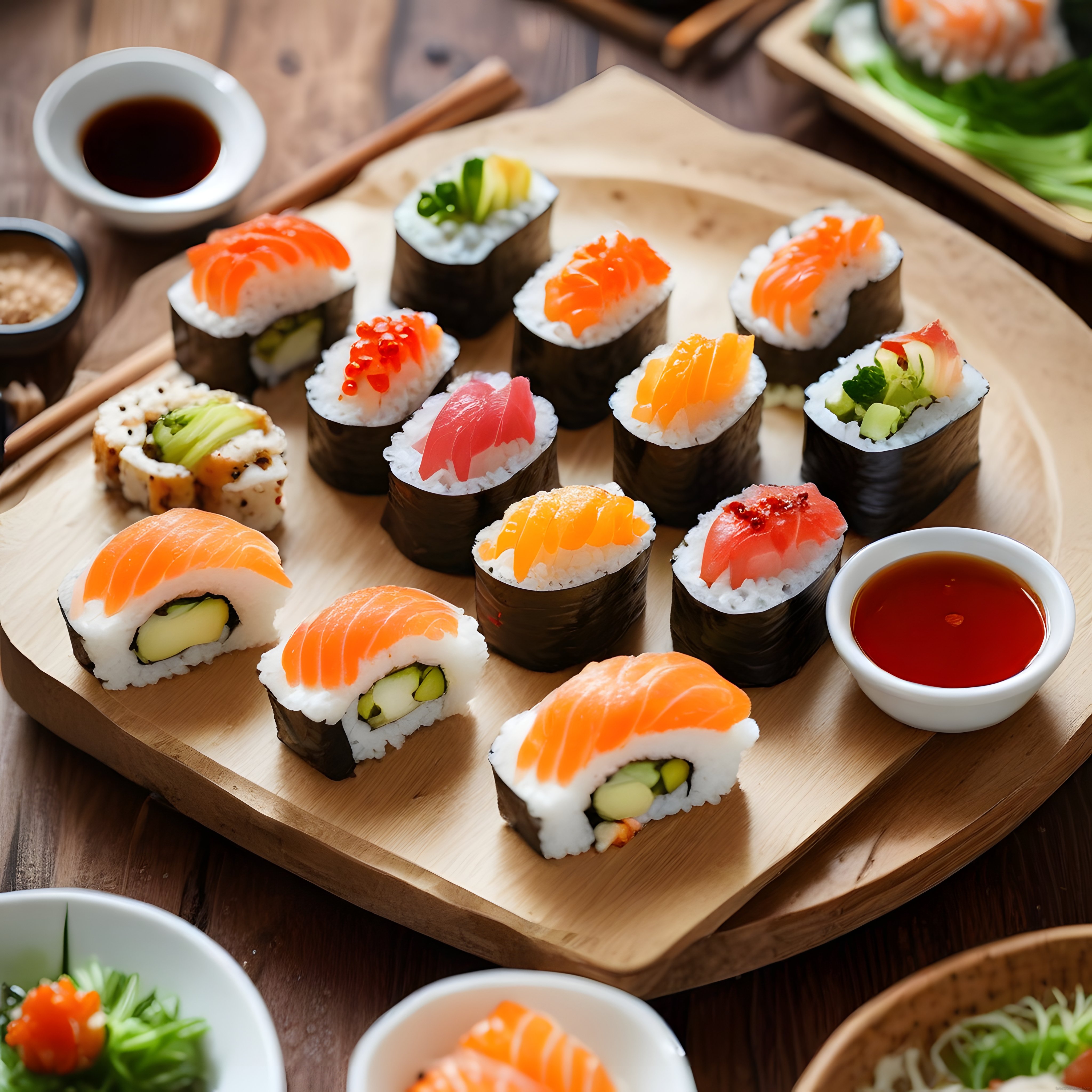 Ahşap Sunum Tahtasında Çeşitli Japon Sushi Çeşitleri ve Soya Sosu Eşliğinde