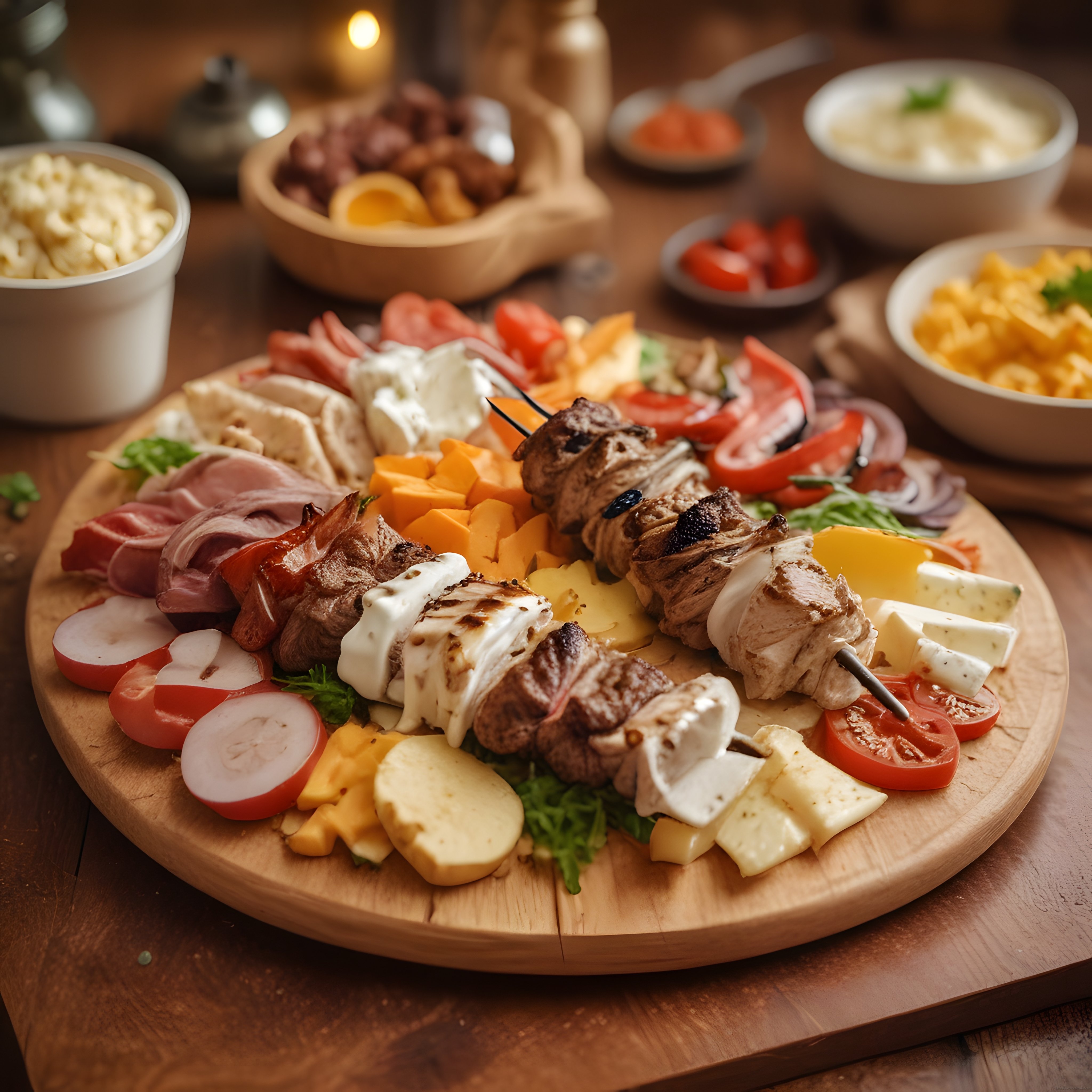 Ahşap Sunum Tahtasında Çeşitli Peynirler ve Izgara Etlerle Zengin Meze Tabağı