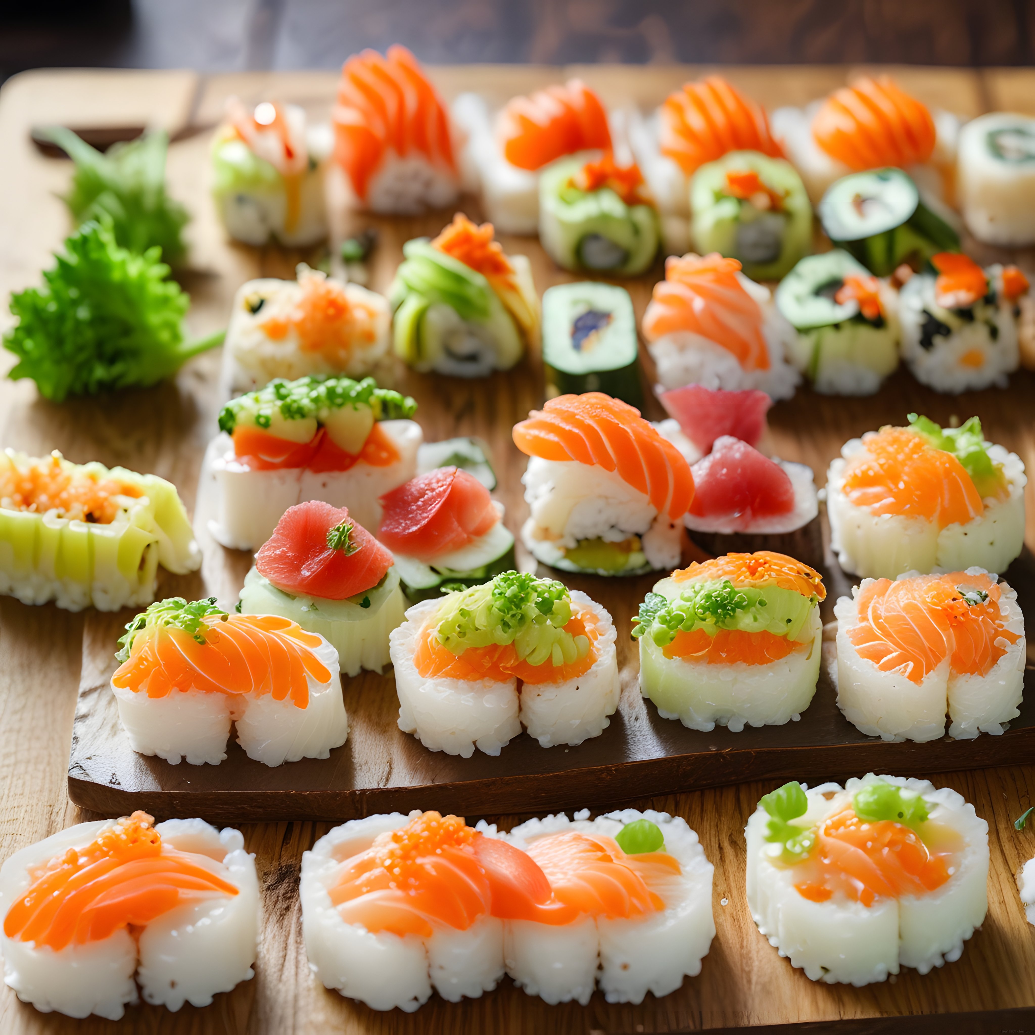 Ahşap sunum tahtasında çeşitli somonlu ve taze sebzeli sushi tabağı