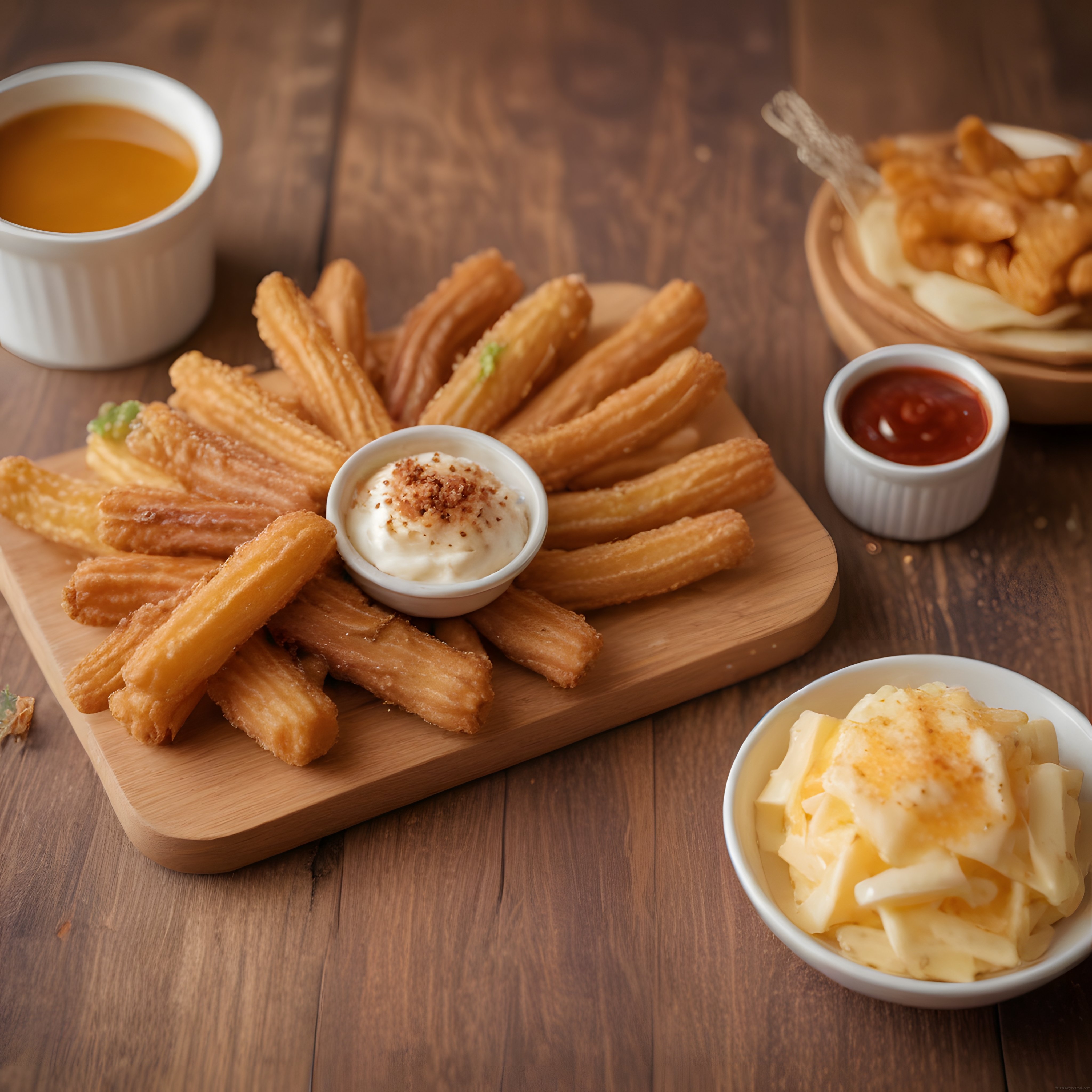 Ahşap sunum tahtasında çeşitli soslarla servis edilmiş çıtır churros tabağı