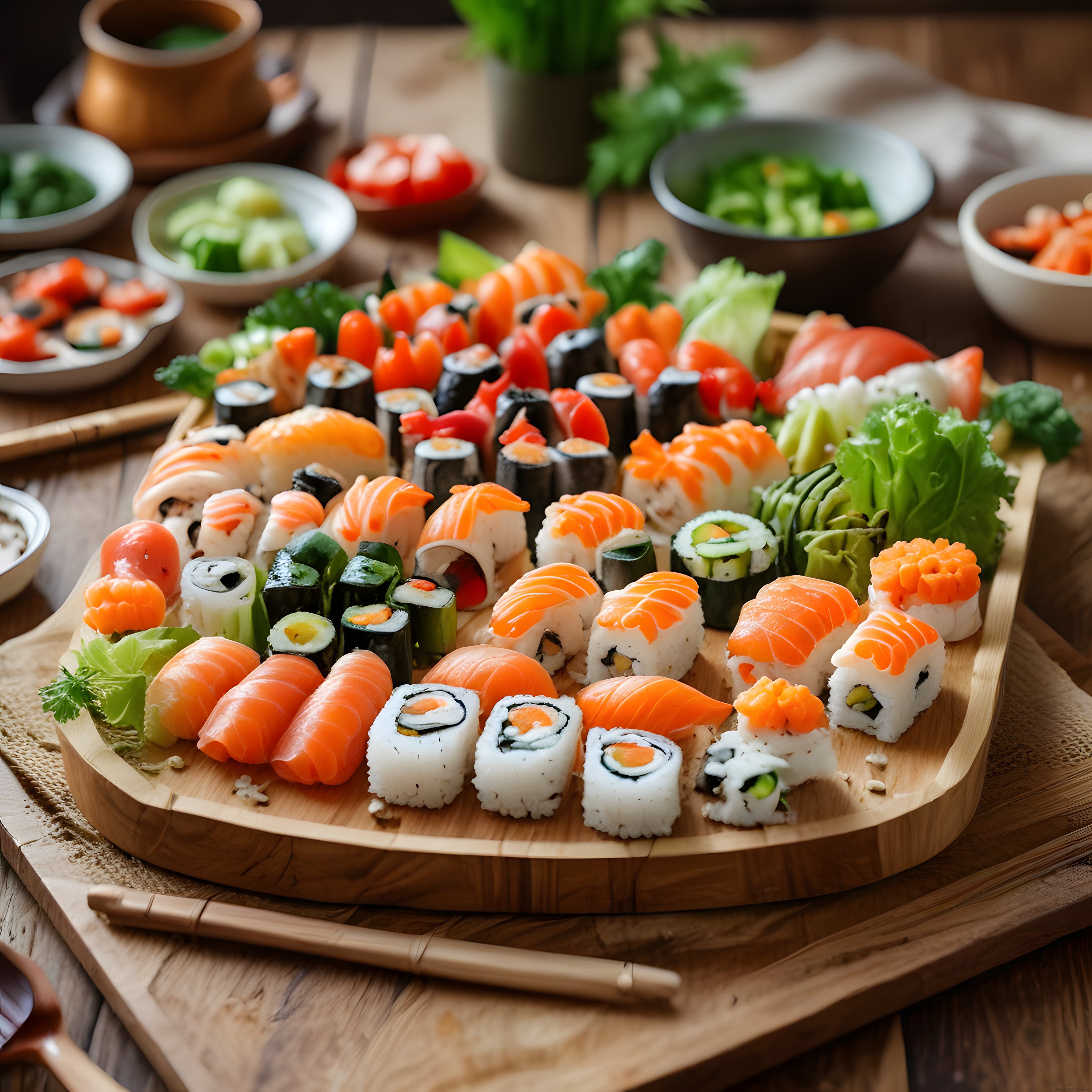Ahşap Sunum Tahtasında Çeşitli Sushi ve Maki Lezzetleriyle Japon Mutfağı Keyfi
