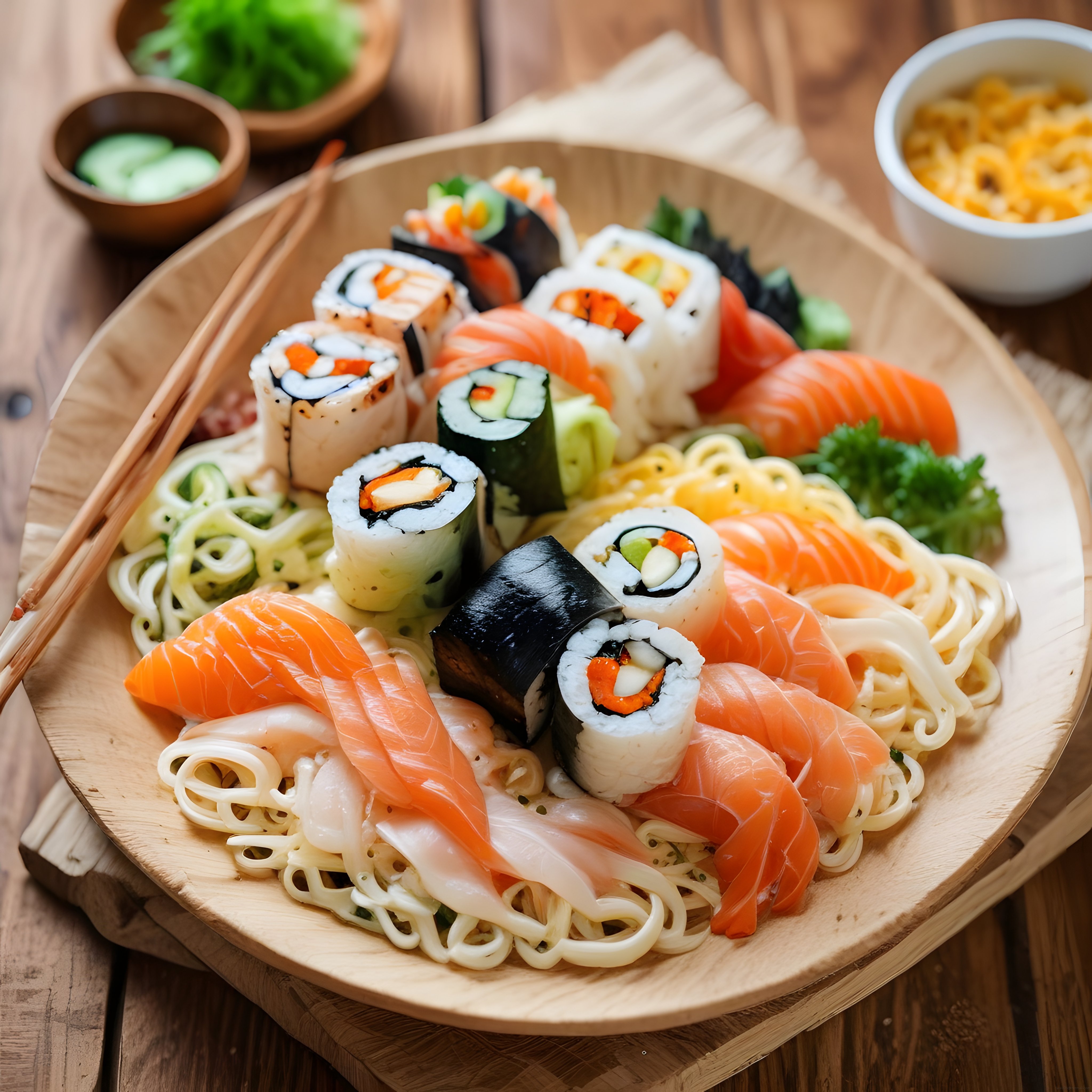 Ahşap Sunum Tahtasında Çeşitli Sushi ve Sashimi ile Japon Lezzetleri
