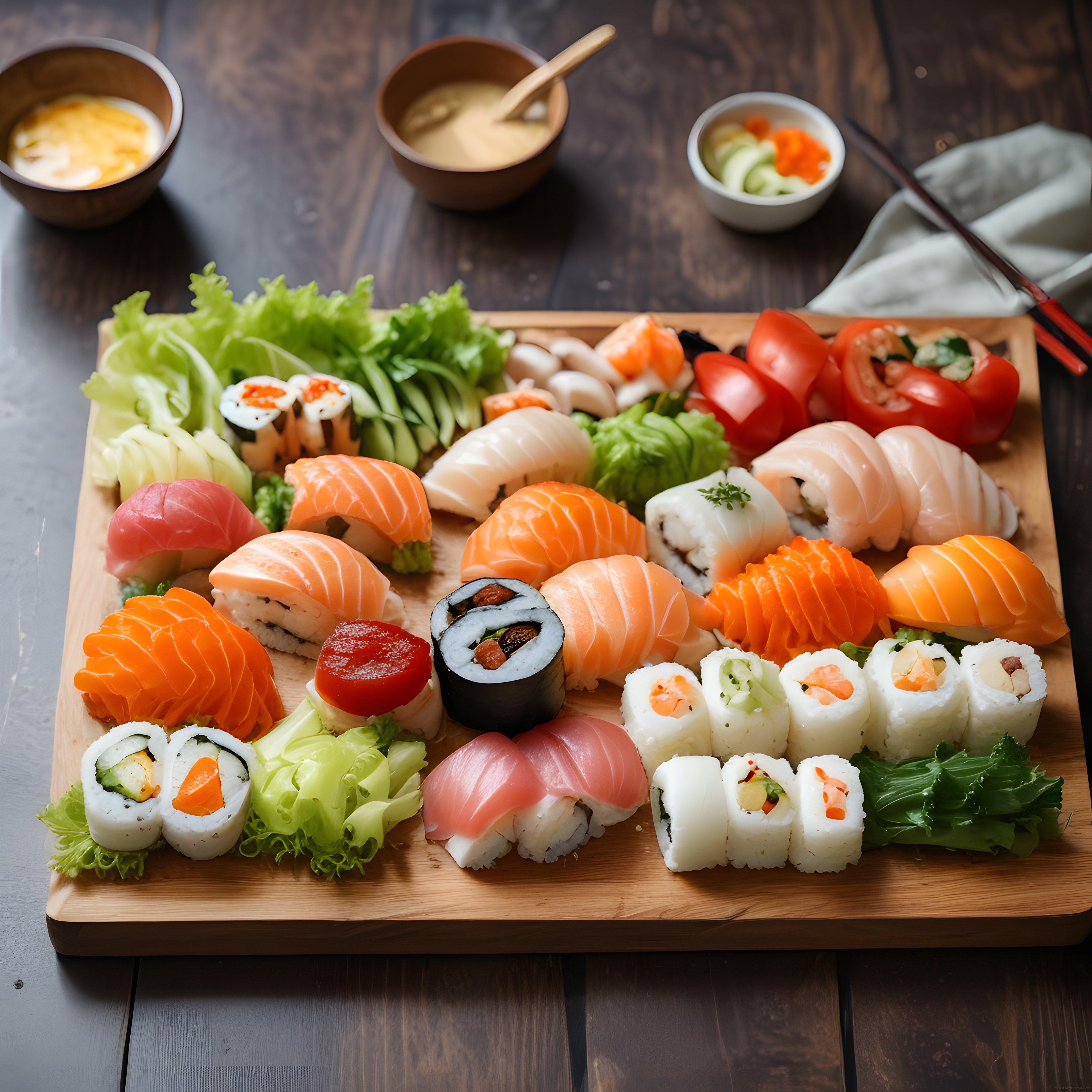 Ahşap sunum tahtasında çeşitli sushi ve sashimi ile Japon mutfağı şöleni