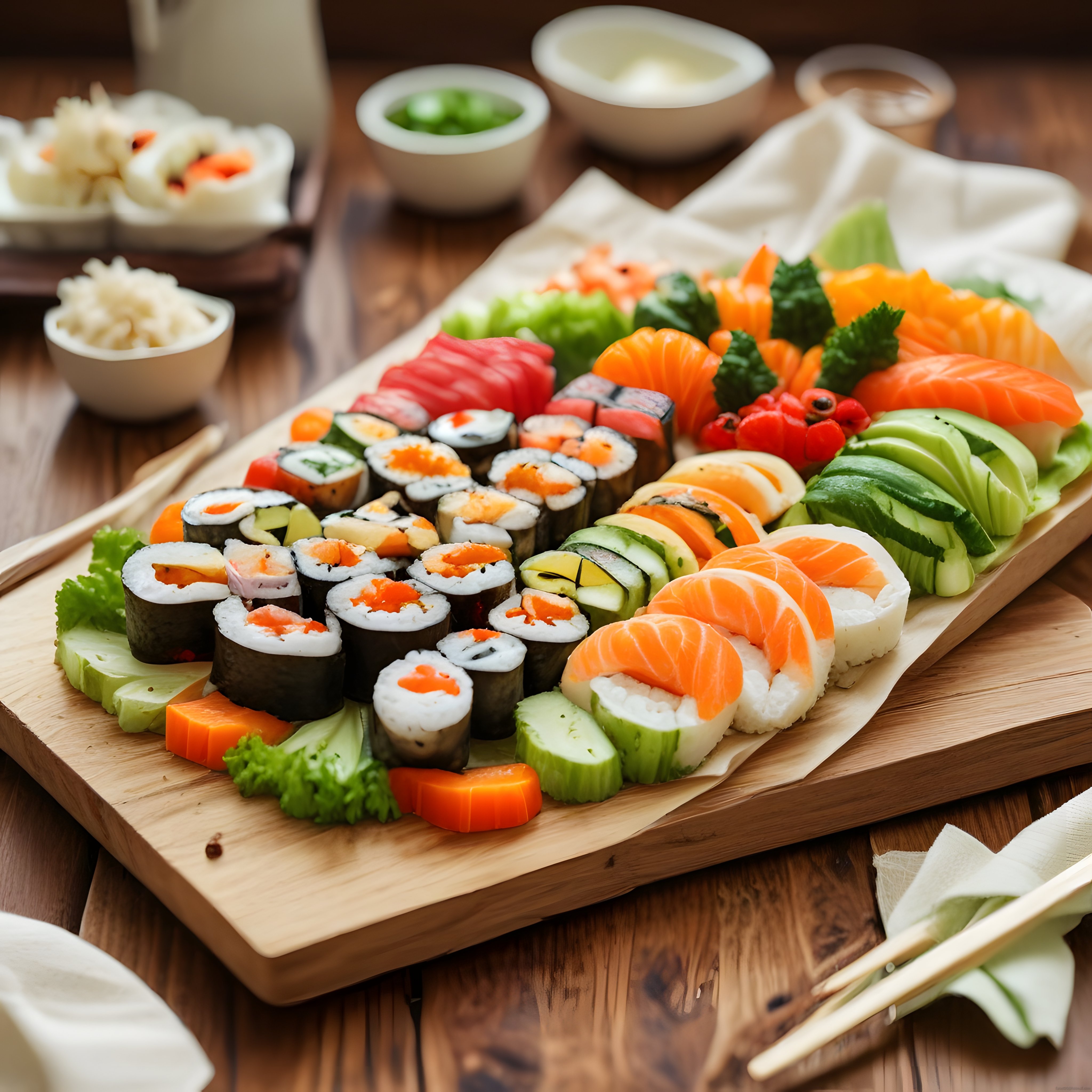 Ahşap Sunum Tahtasında Çeşitli Sushi ve Sashimi Keyfi: Taze Japon Lezzetleri
