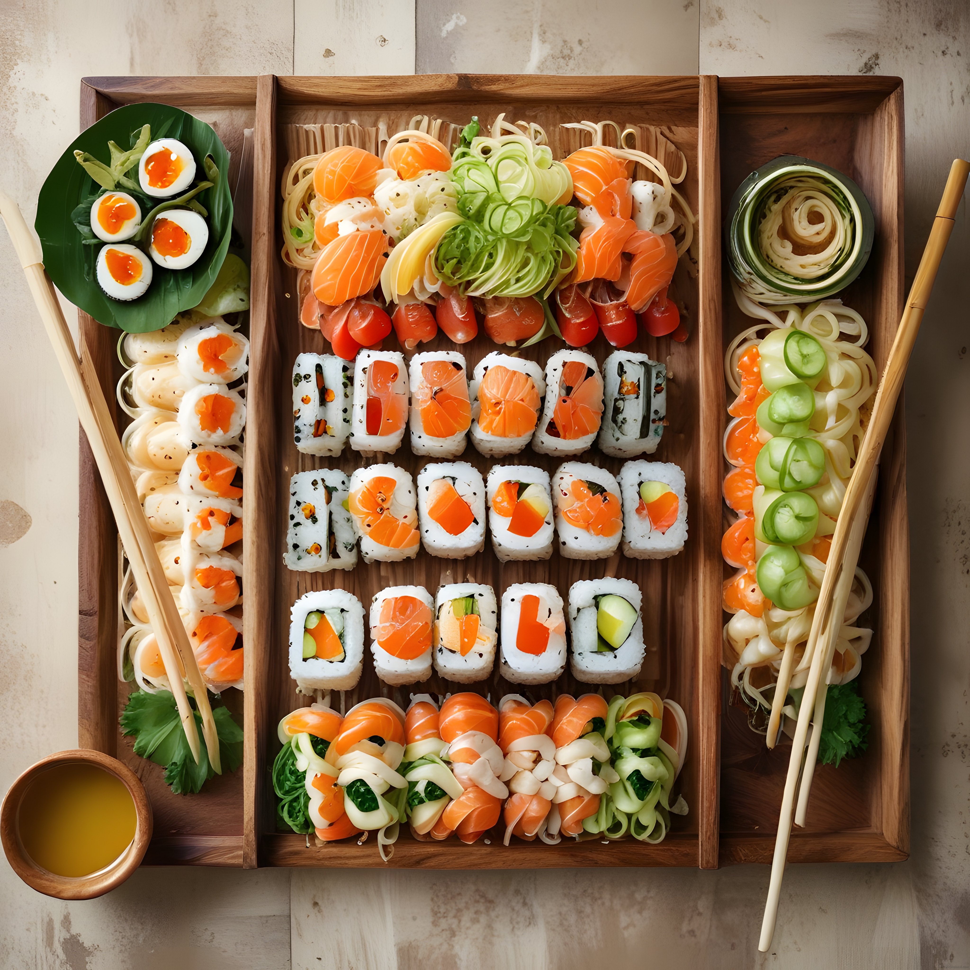 Ahşap Sunum Tahtasında Çeşitli Sushi ve Taze Somon Sashimi Servisi