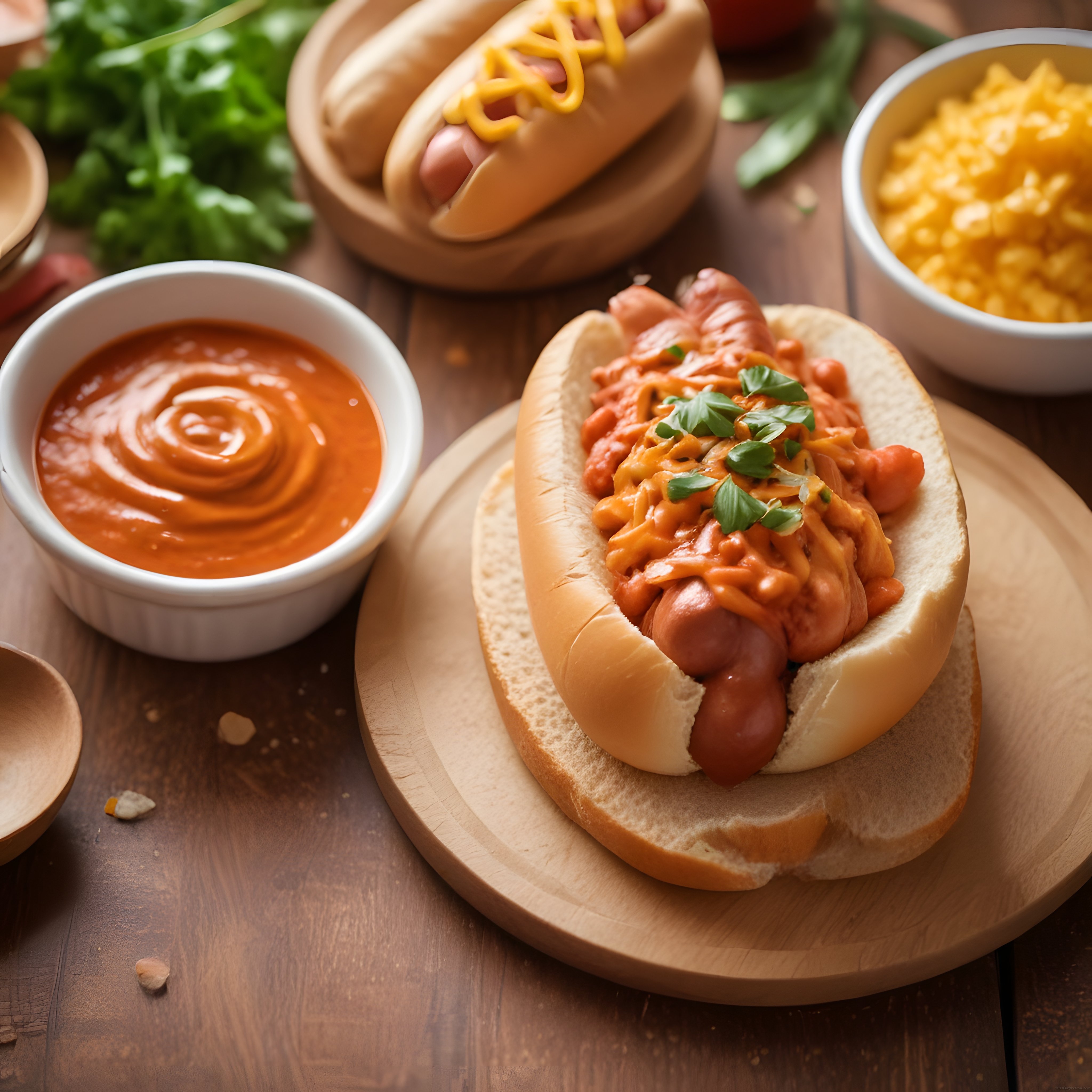Ahşap Sunum Tahtasında Chili Peynirli Hot Dog ve Özel Sos Kasesi