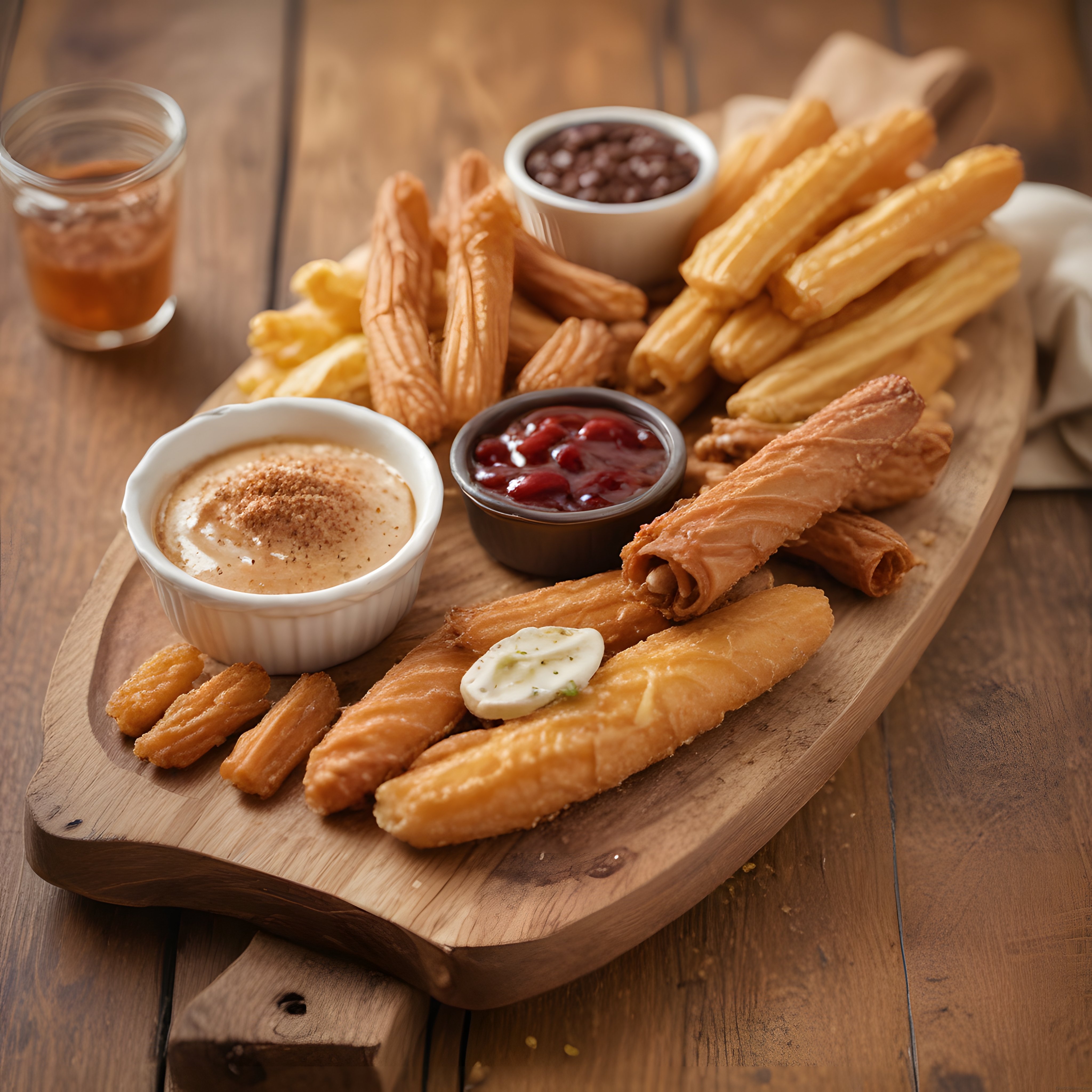 Ahşap sunum tahtasında churros, çikolata ve karamel soslarla lezzetli tatlı anı