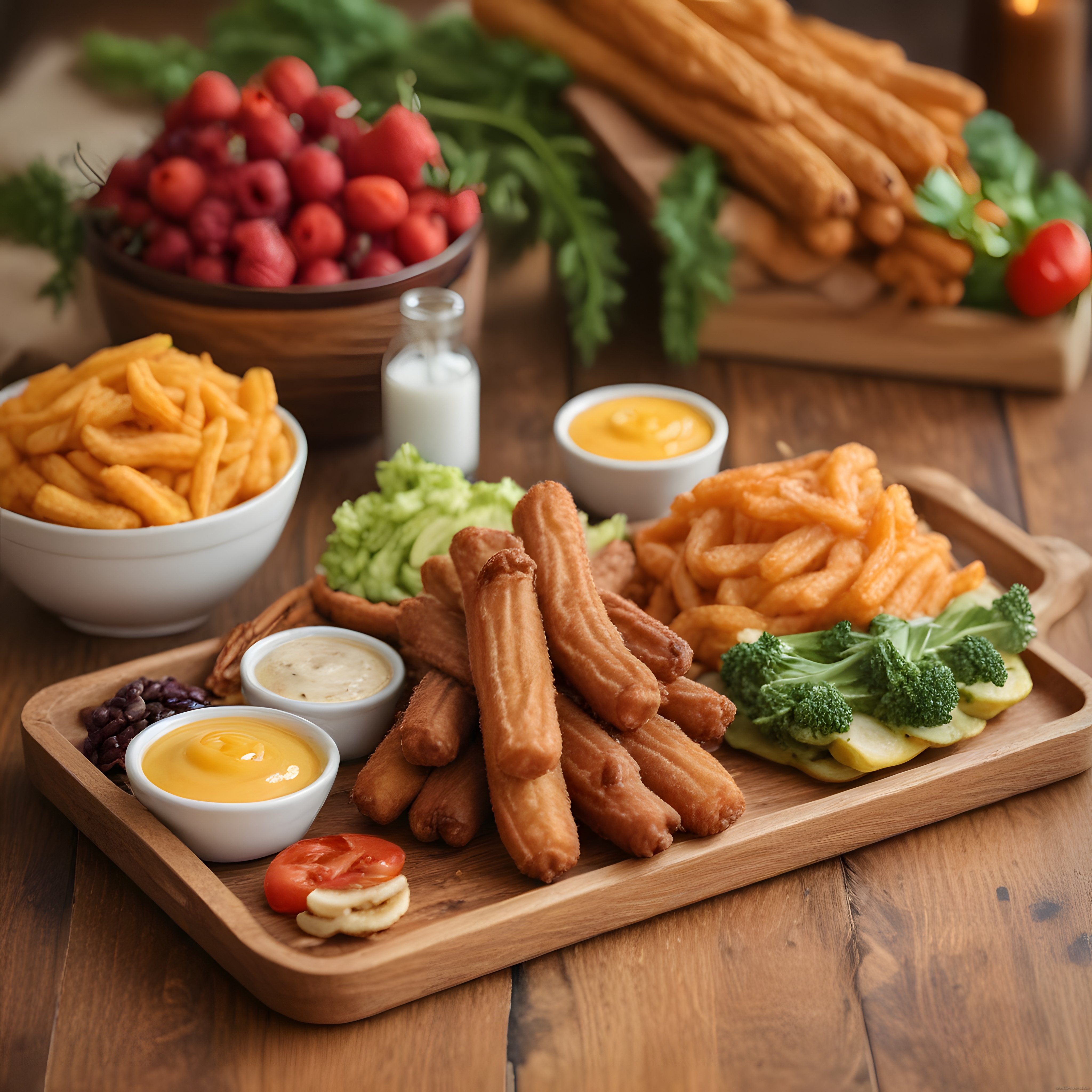 Ahşap sunum tahtasında churros, patates kızartması ve çeşitli dip sos lezzetleri