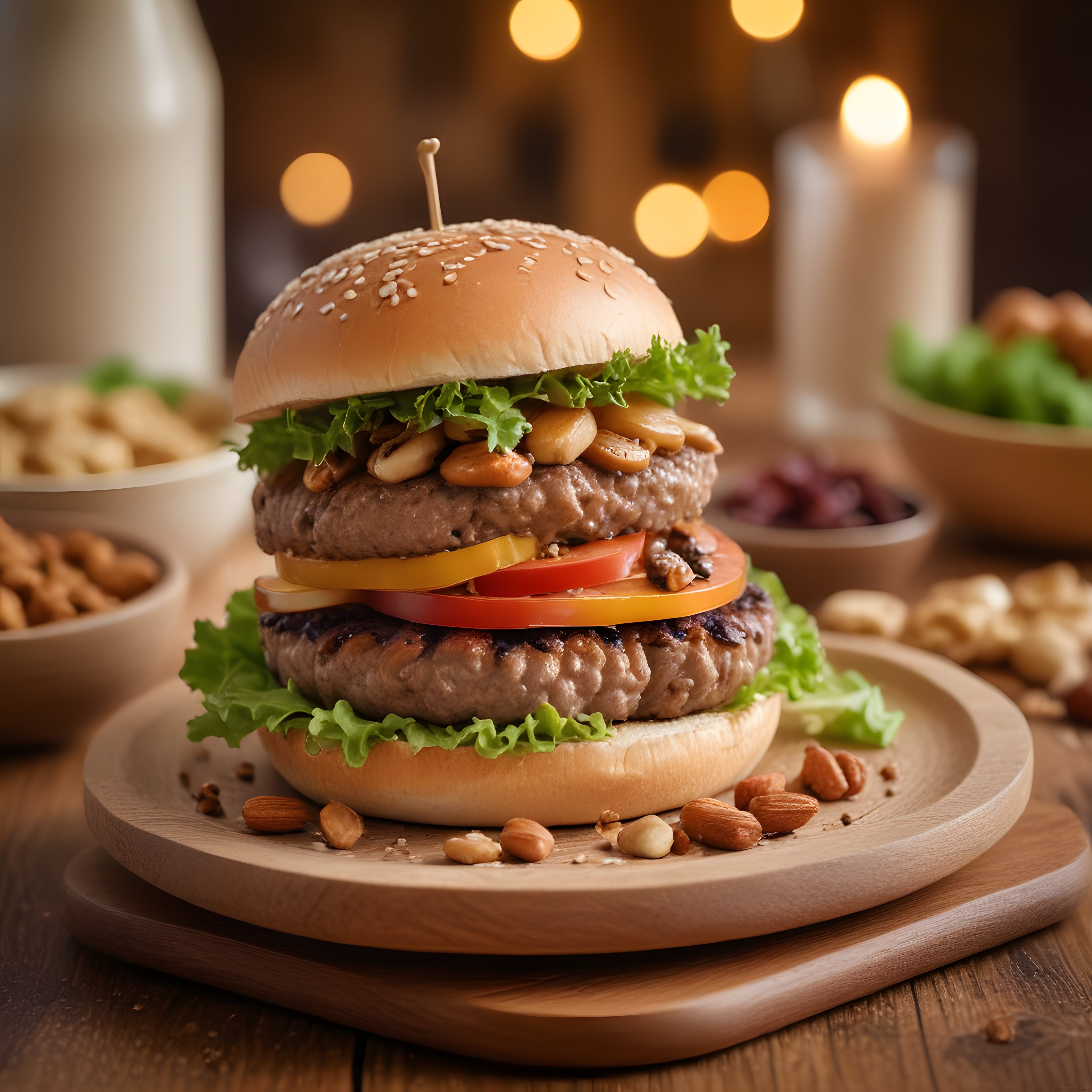 ahşap sunum tahtasında çift katlı gurme burger ve kavrulmuş kuruyemiş detayları