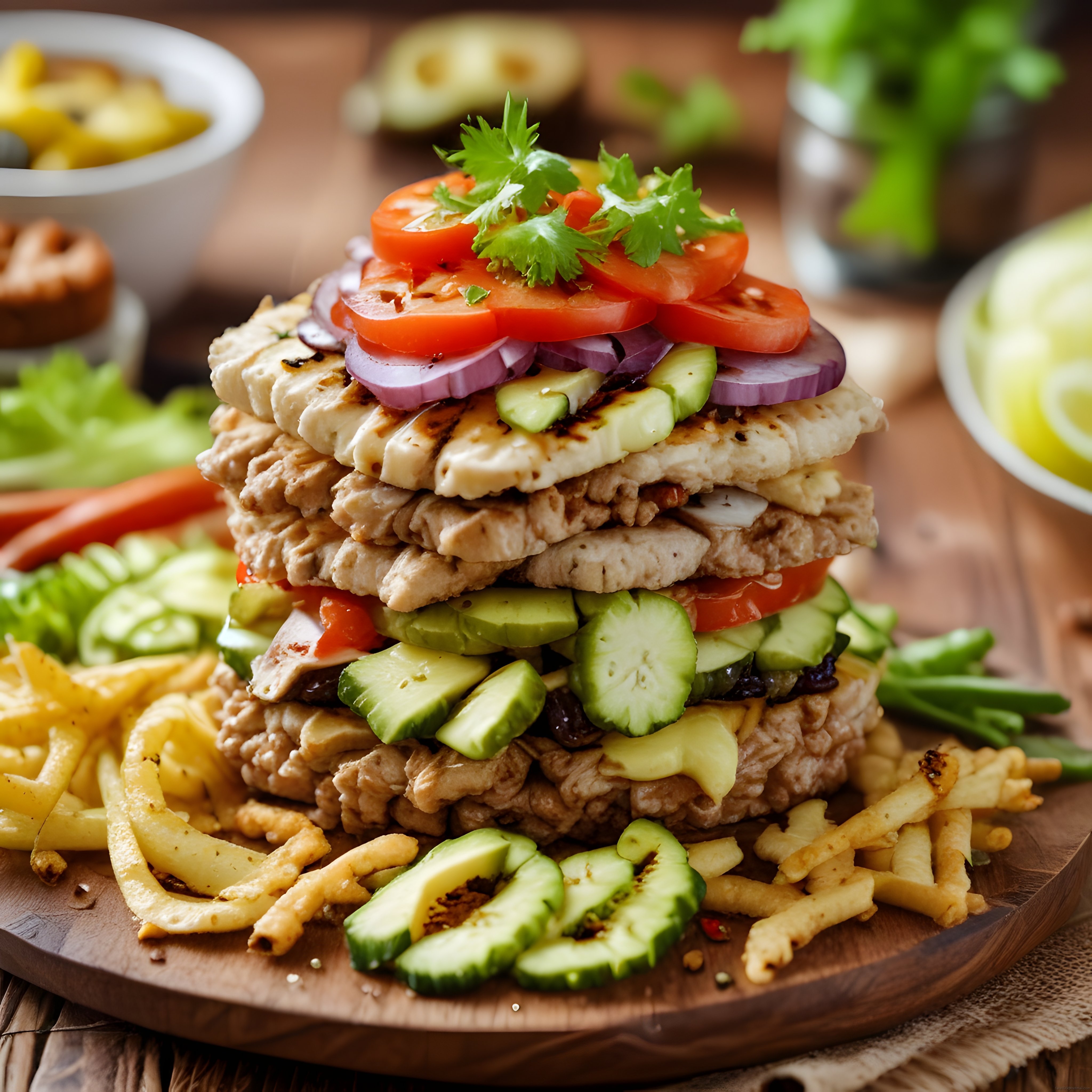 Ahşap Sunum Tahtasında Çift Katlı Izgara Burger Avokado ve Peynirle