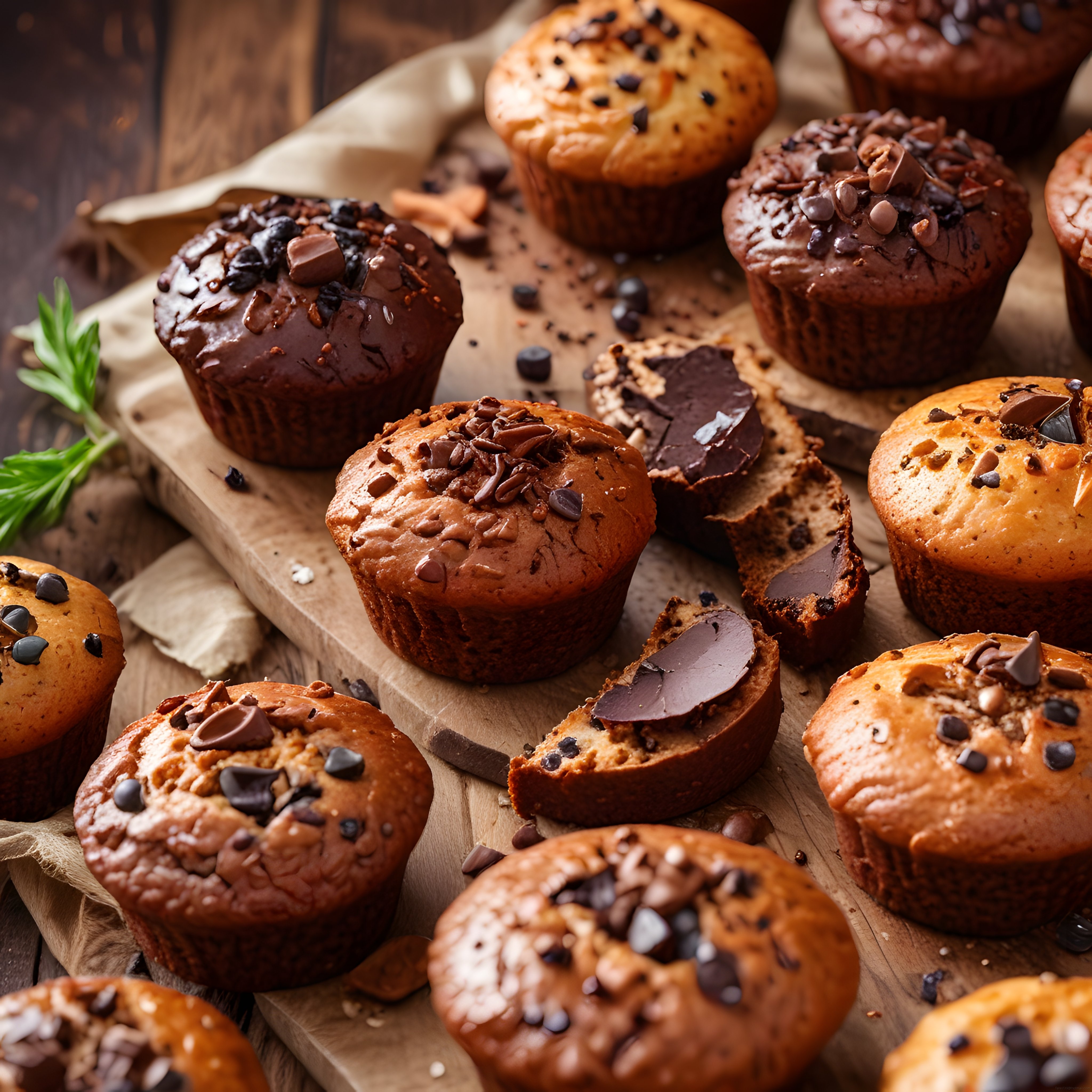 Ahşap Sunum Tahtasında Çikolata Dolgulu Ev Yapımı Muffinler ve Tatlılar