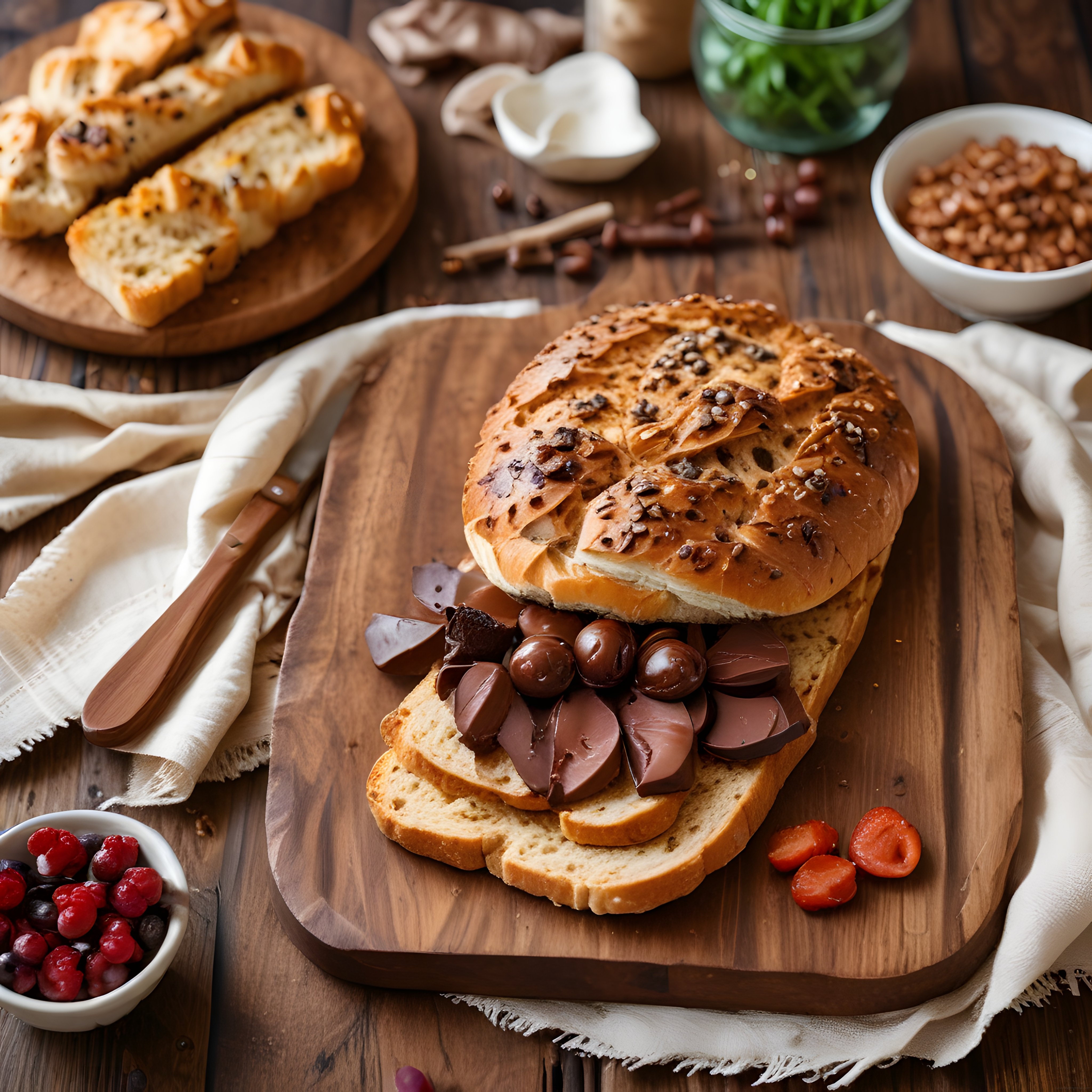 ahşap sunum tahtasında çikolatalı çörek ve taze meyveli rustik kahvaltı