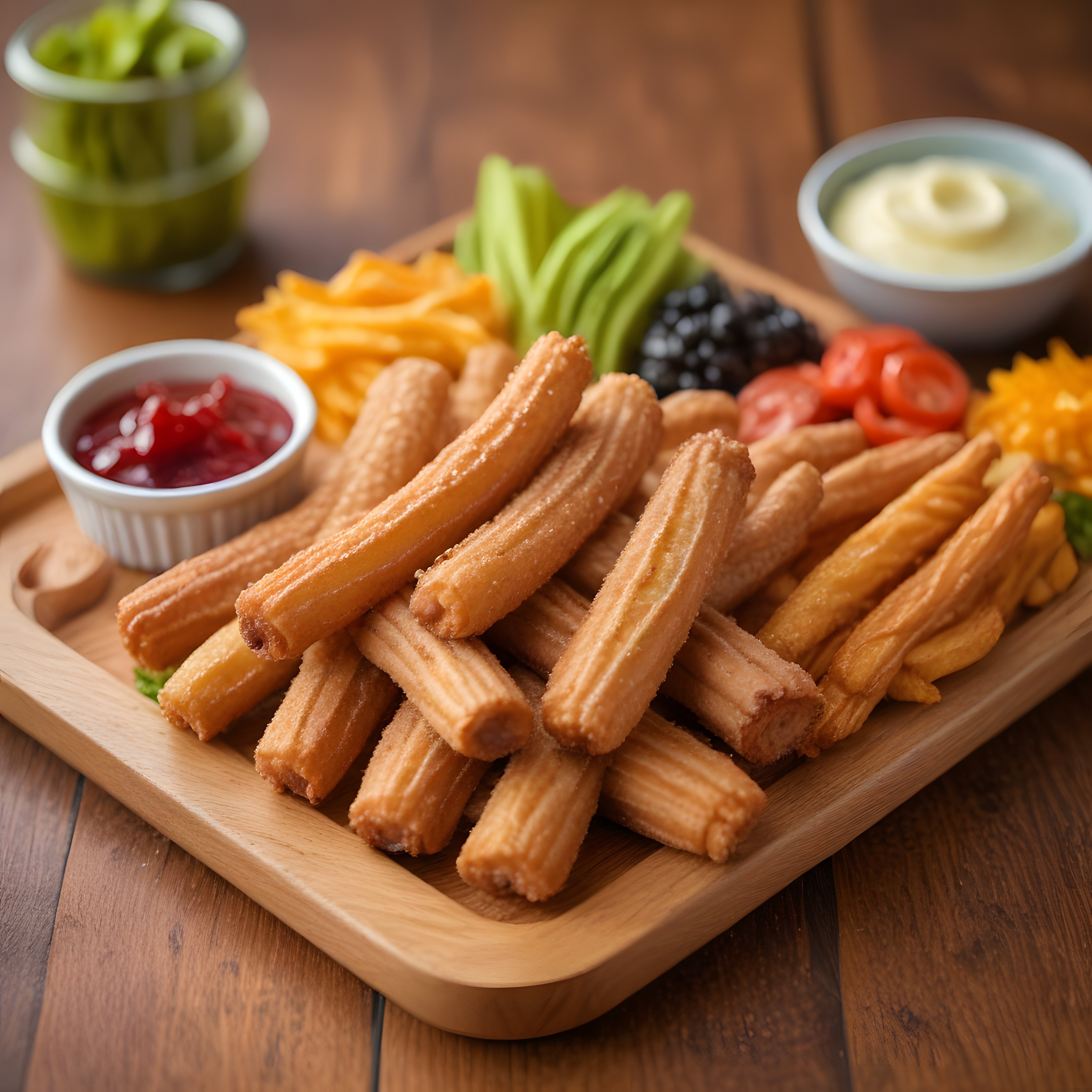 Ahşap Sunum Tahtasında Çıtır Churros, Taze Sebzeler ve Soslarla Leziz Tabak
