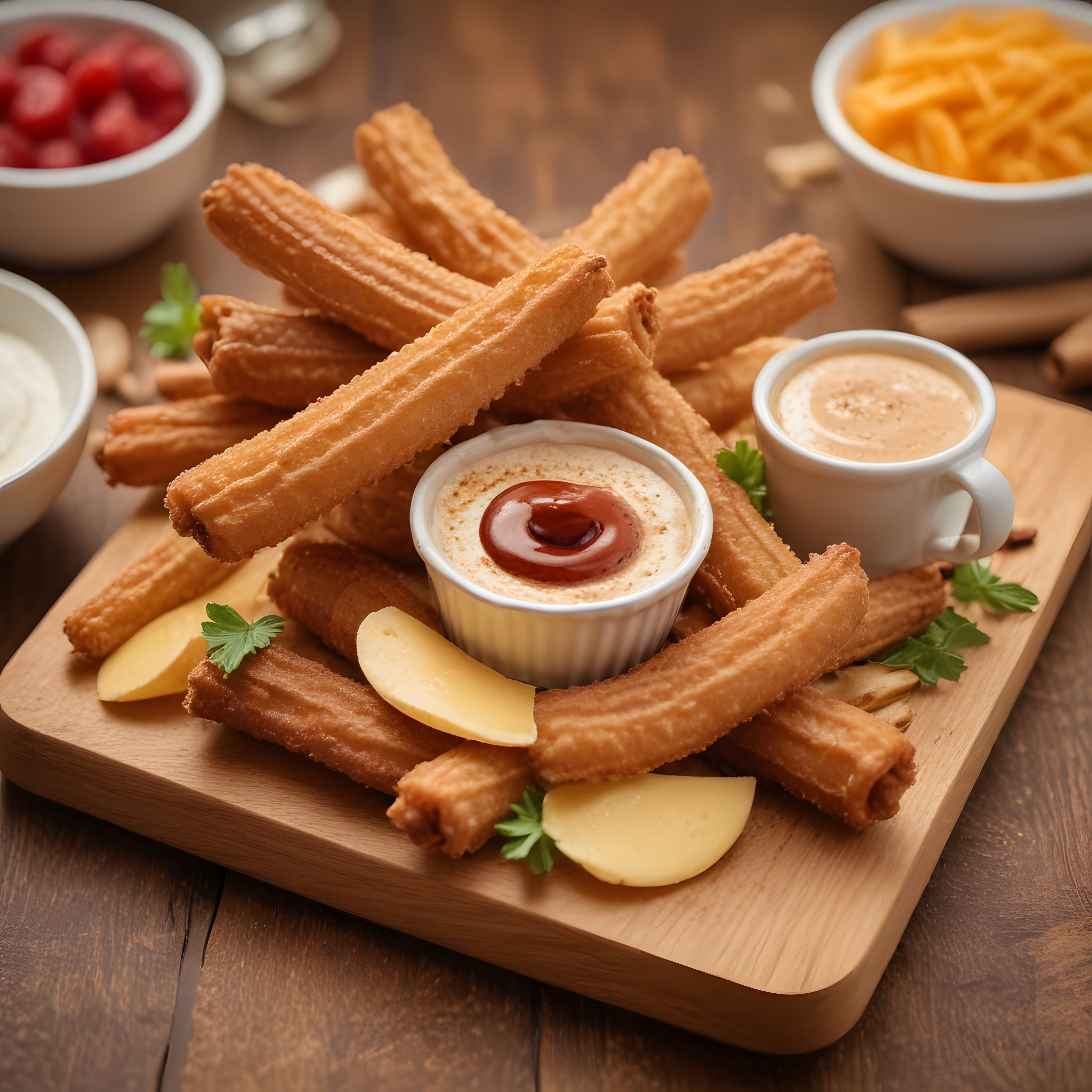 Ahşap Sunum Tahtasında Çıtır Churros ve Soslarla Hazırlanan Tatlı Tabağı
