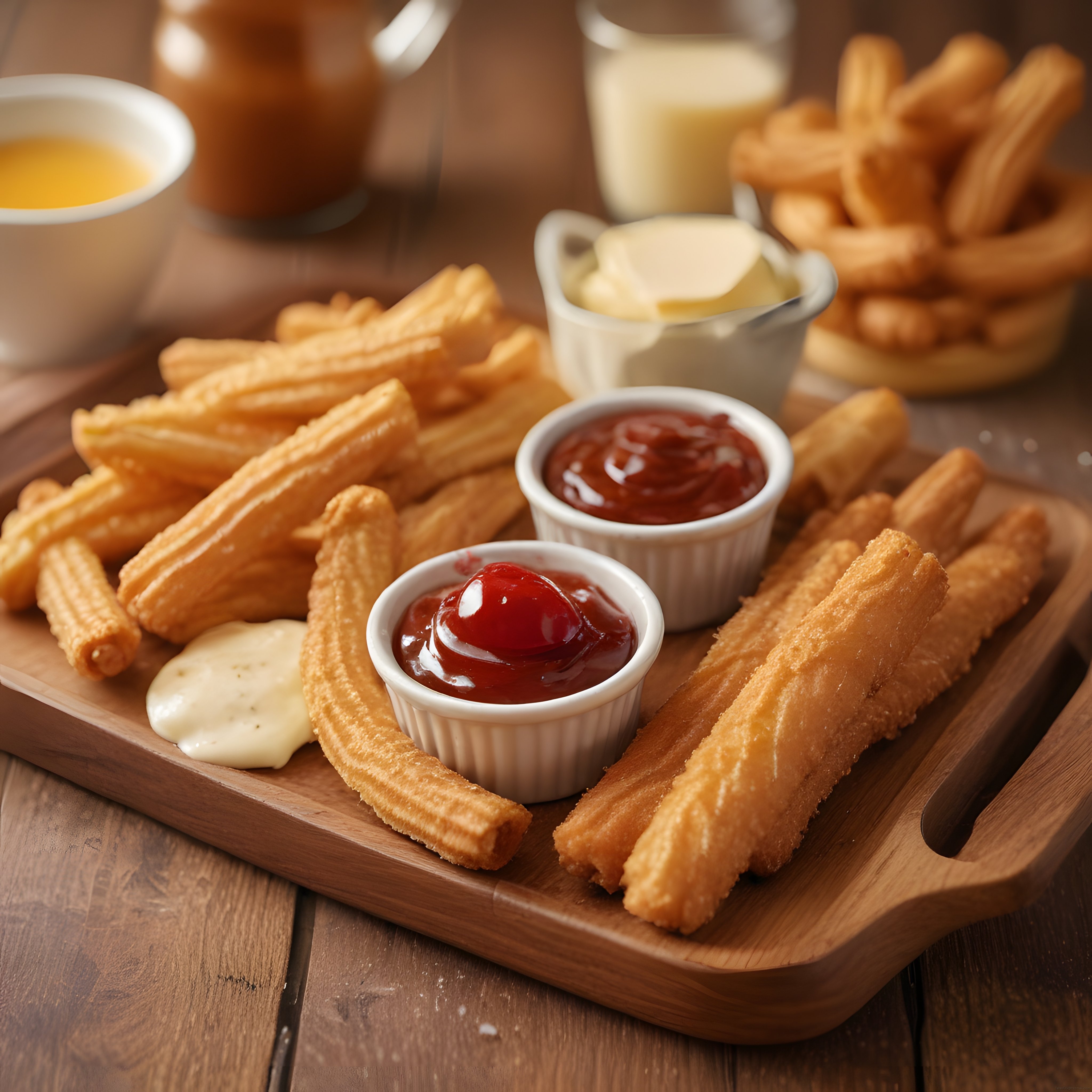 Ahşap Sunum Tahtasında Çıtır Churros ve Yanında Lezzetli Dip Soslar
