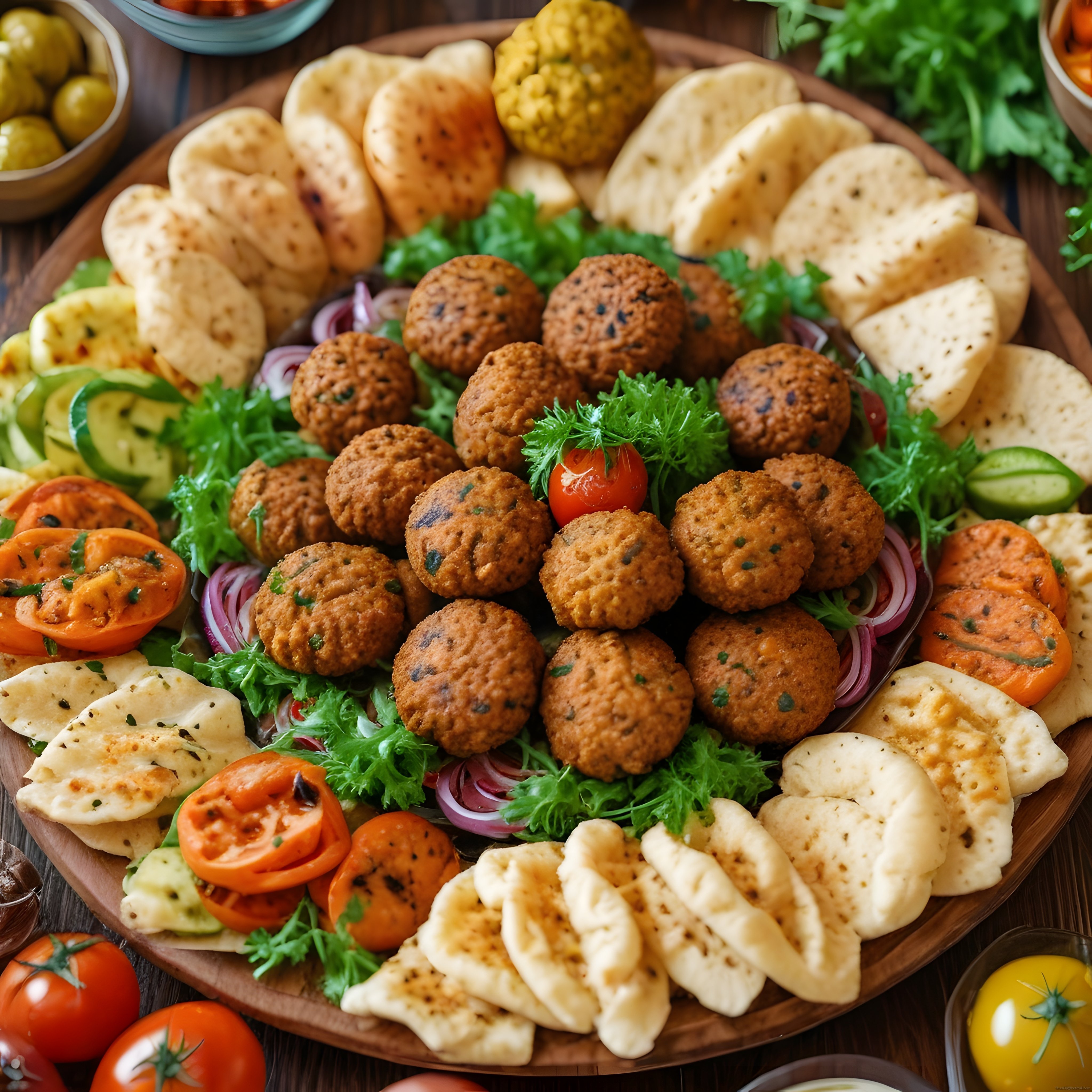 Ahşap Sunum Tahtasında Çıtır Falafel Topları ve Orta Doğu Lezzetleri