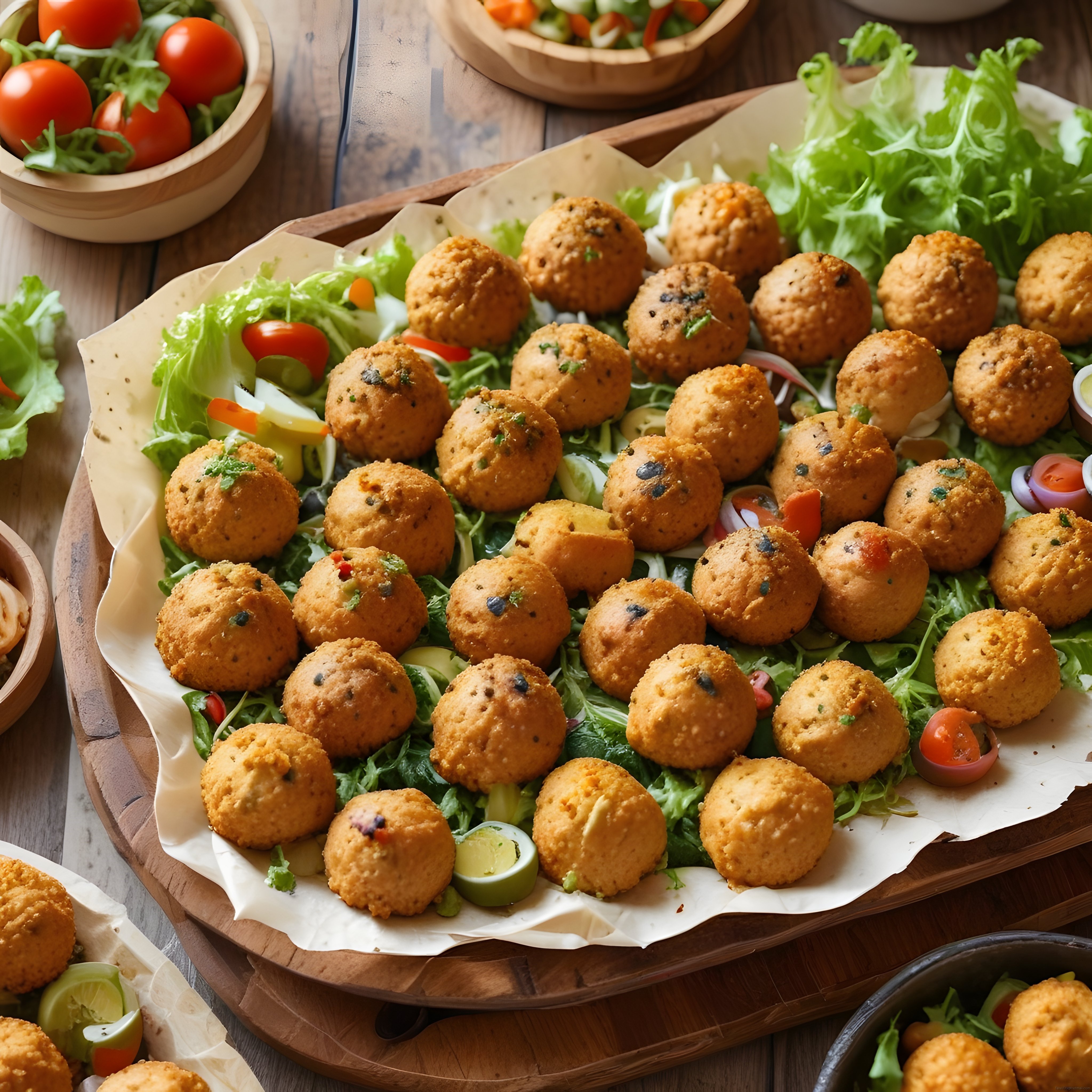 Ahşap Sunum Tahtasında Çıtır Falafel Topları ve Renkli Salata Eşliği