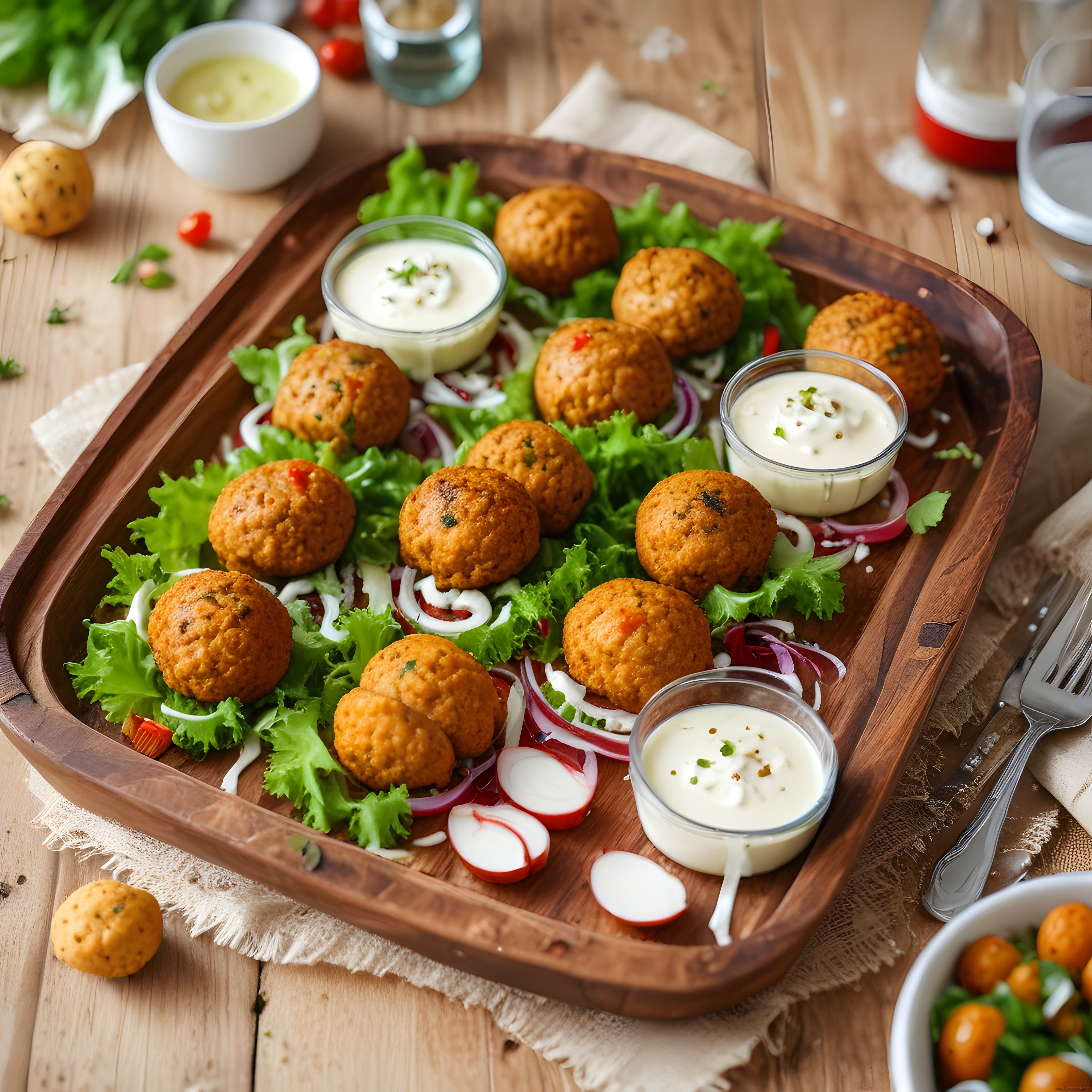 Ahşap Sunum Tahtasında Çıtır Falafel Topları ve Soslarıyla Davetkar İkram
