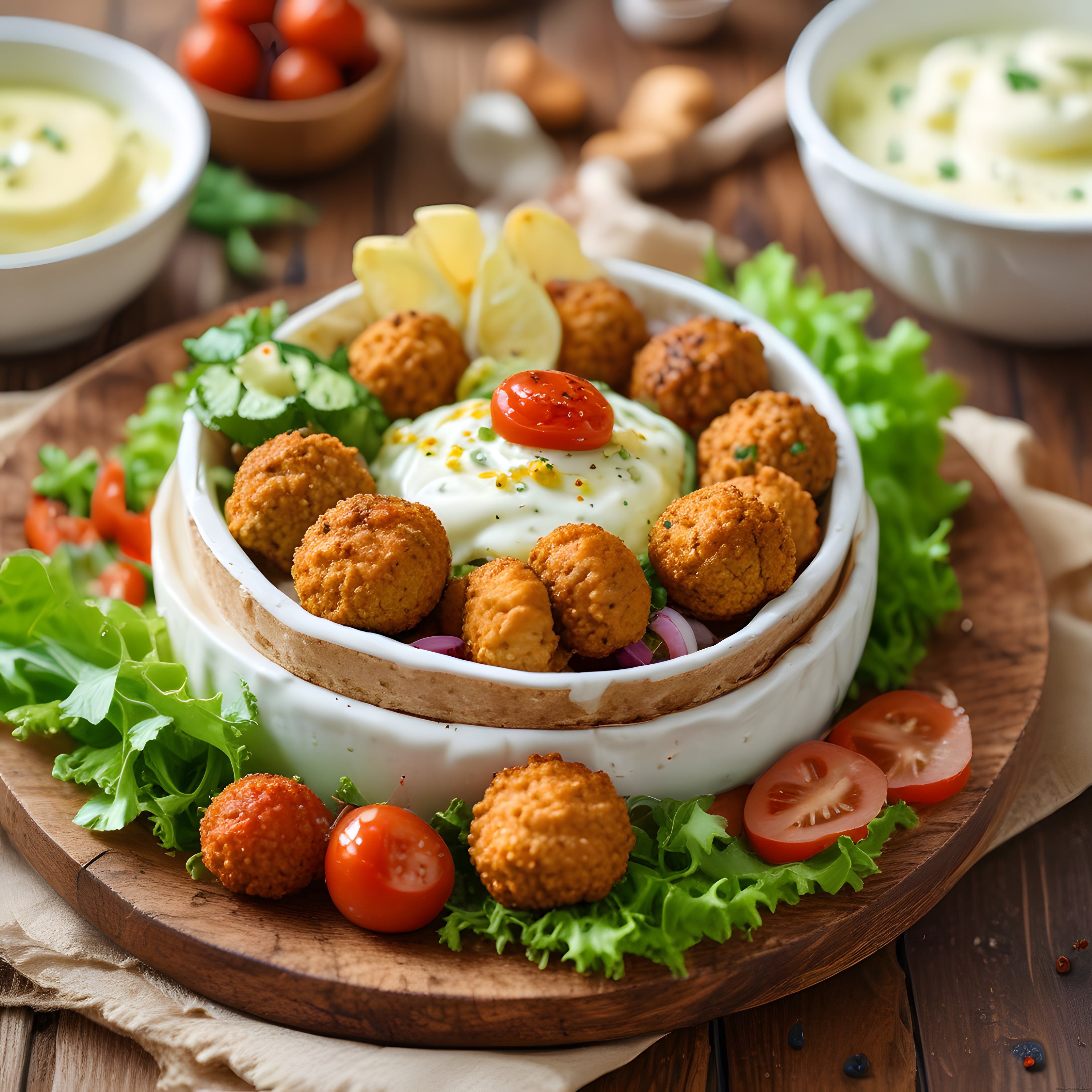 Ahşap Sunum Tahtasında Çıtır Falafel ve Taze Yeşilliklerle Renkli Tabak