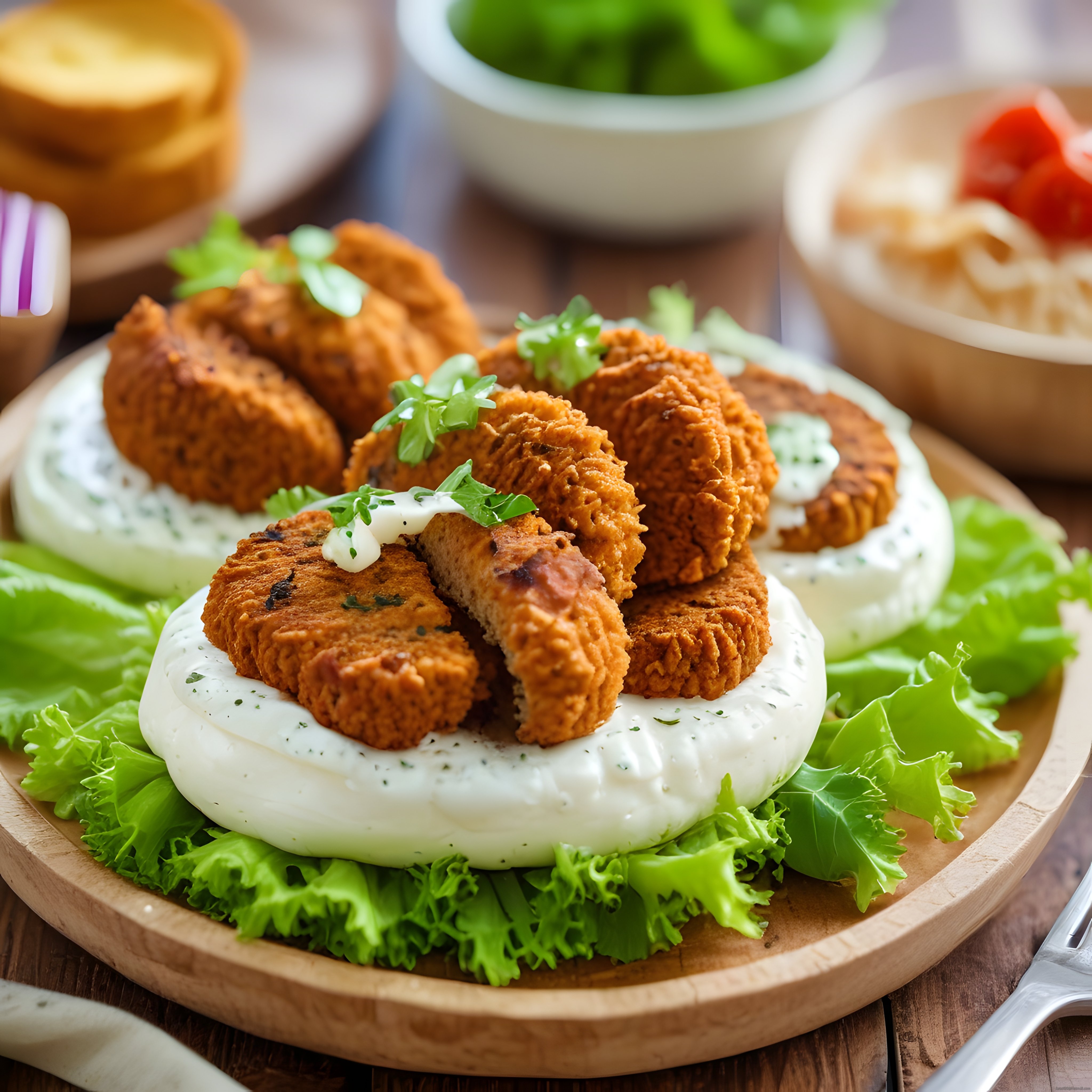 Ahşap Sunum Tahtasında Çıtır Kızartma ve Bol Yoğurt Soslu Lezzetli Yemek Tarifi