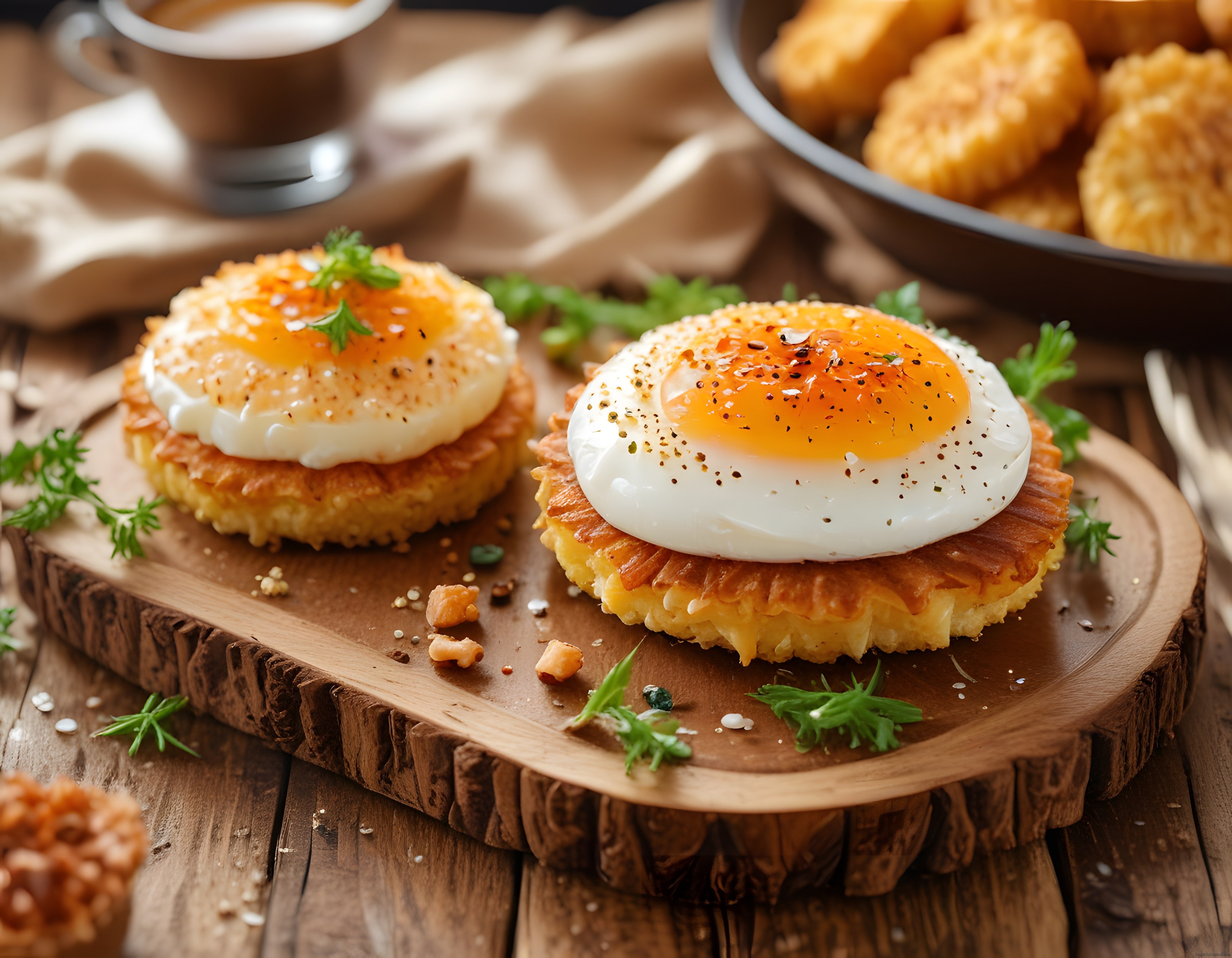 Ahşap Sunum Tahtasında Çıtır Patates Röşti ve Poşe Yumurtalı Kahvaltı Tabağı