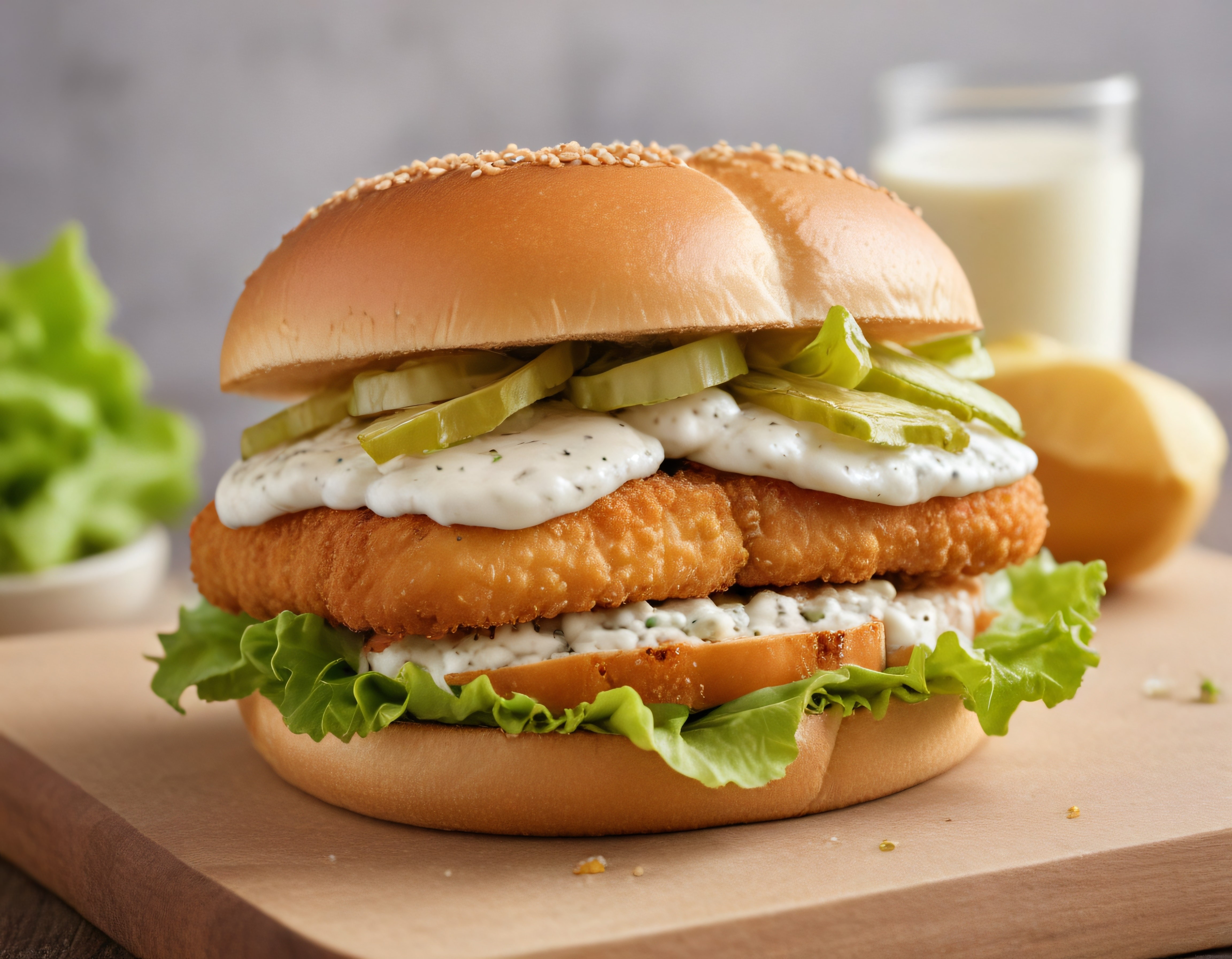 Ahşap Sunum Tahtasında Çıtır Tavuk Burger ve Özel Sos Detayları