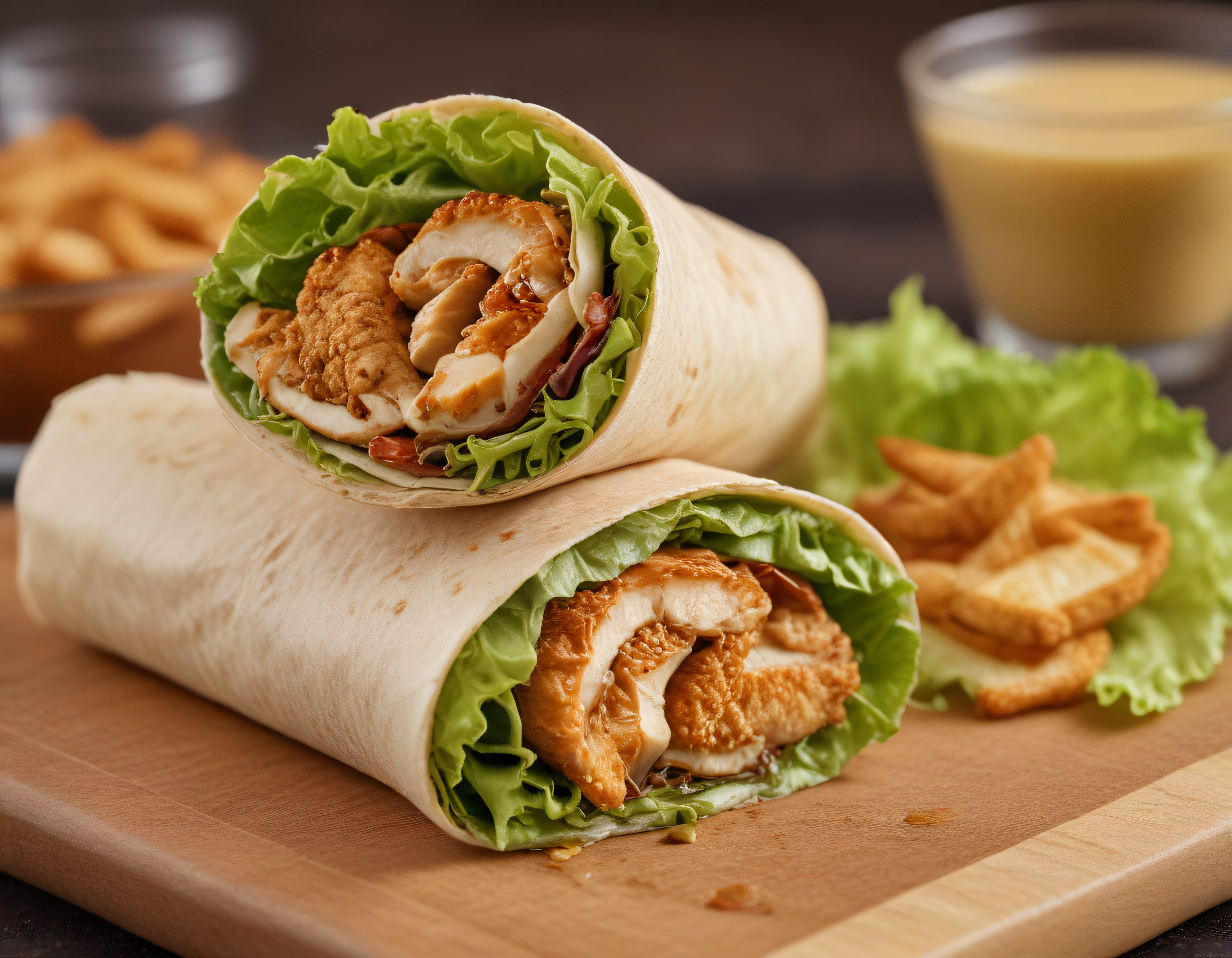 Ahşap sunum tahtasında çıtır tavuklu nefis wrap ve kızartmasıyla doyurucu öğün