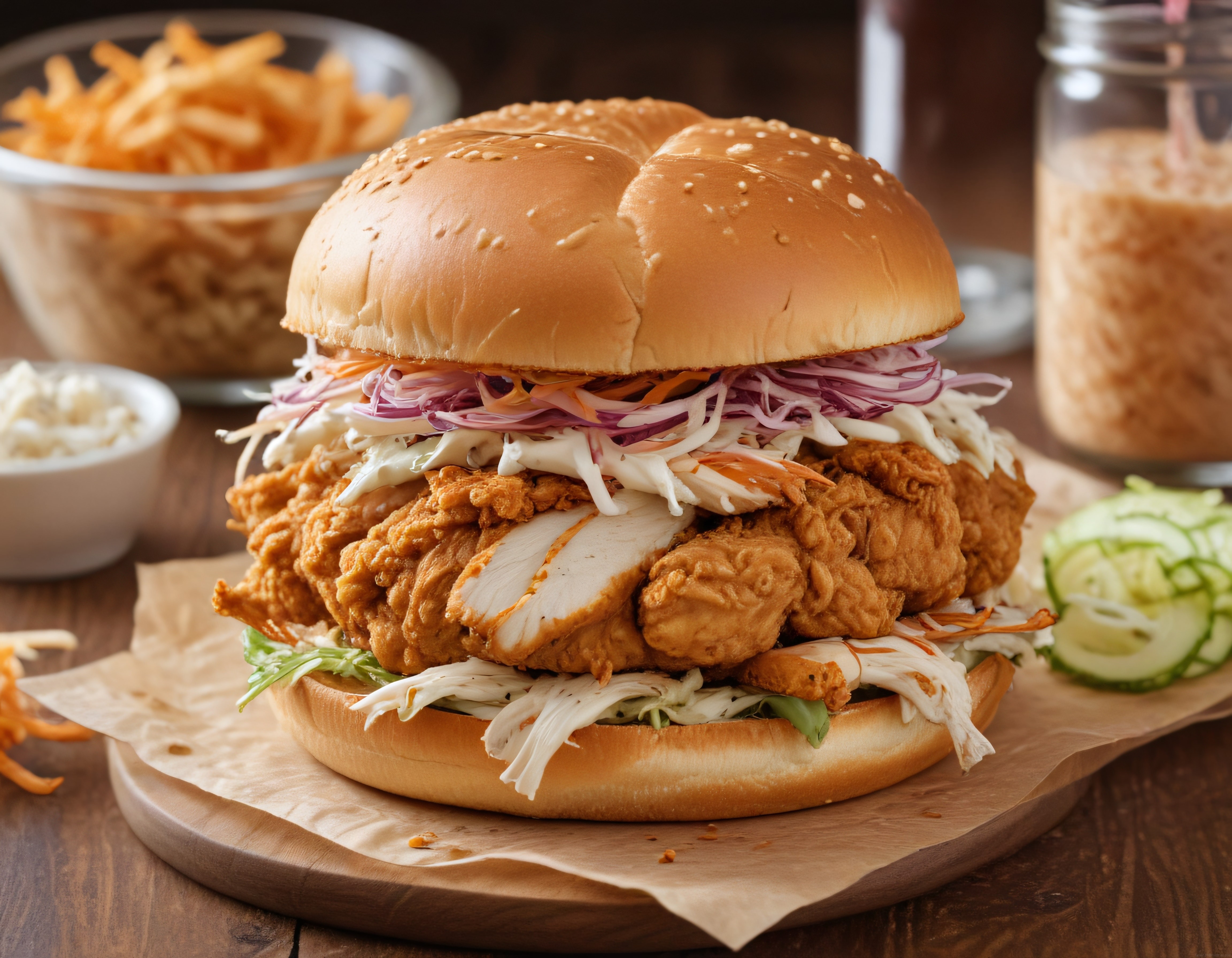 Ahşap Sunum Tahtasında Çıtır Tavuklu ve Taze Coleslaw Dolgulu Burger