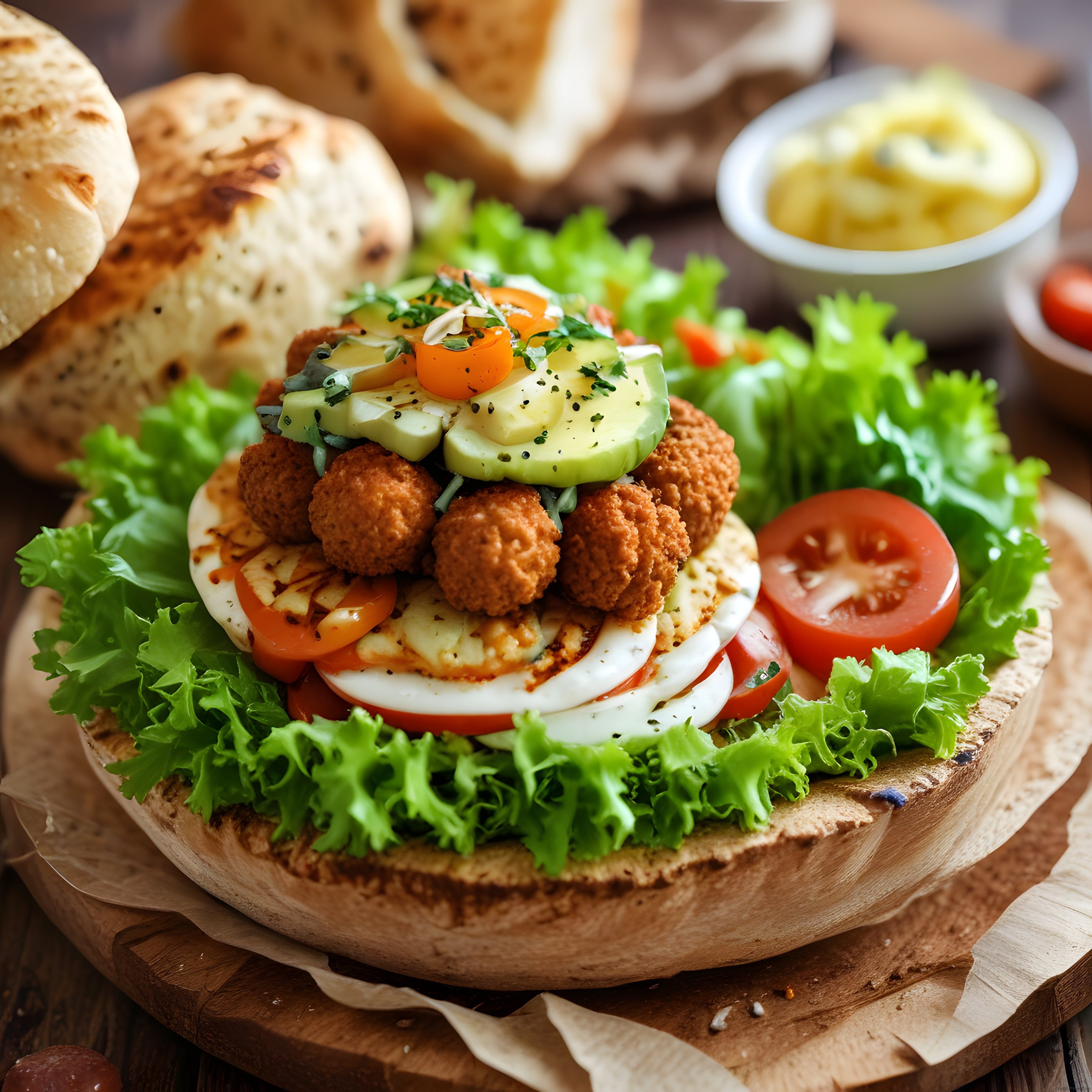 Ahşap Sunum Tahtasında Çıtır Toplar ve Sebzelerle Açık Sandviç