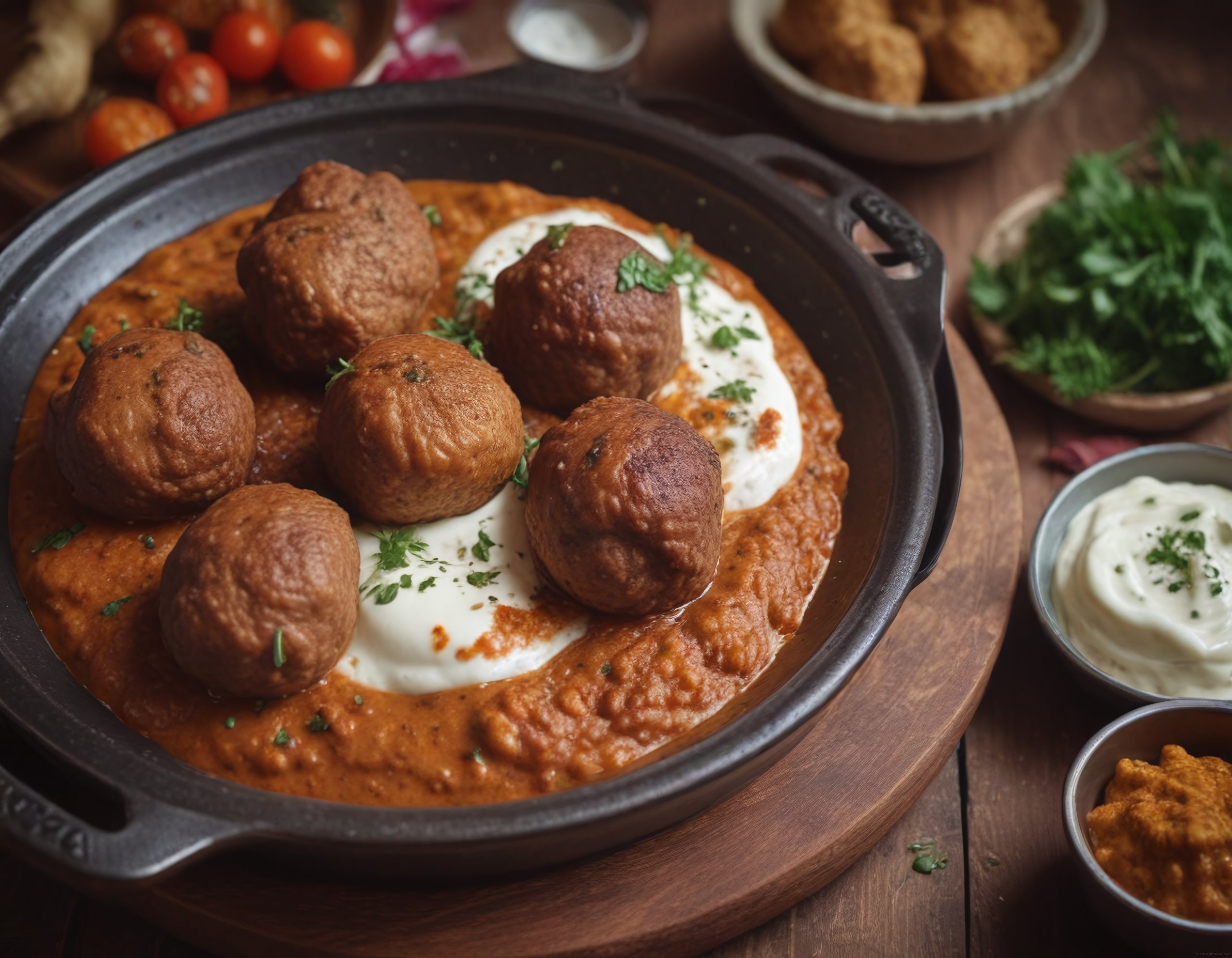 Ahşap Sunum Tahtasında Demir Tavada Yoğurtlu Köfte ve Meze Eşlikçileri