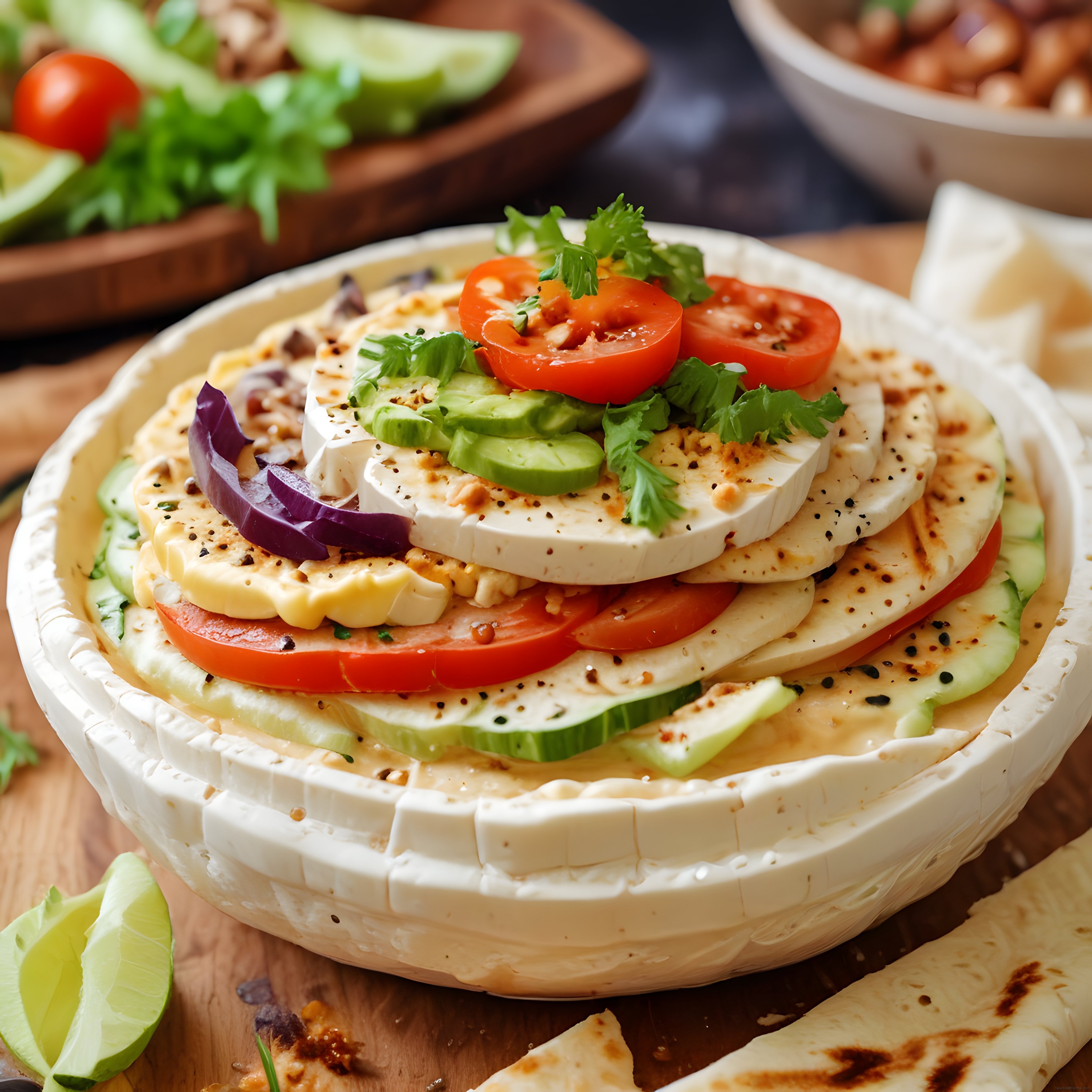 Ahşap sunum tahtasında dev peynir tekerleği ve taze sebzeli meze tabağı