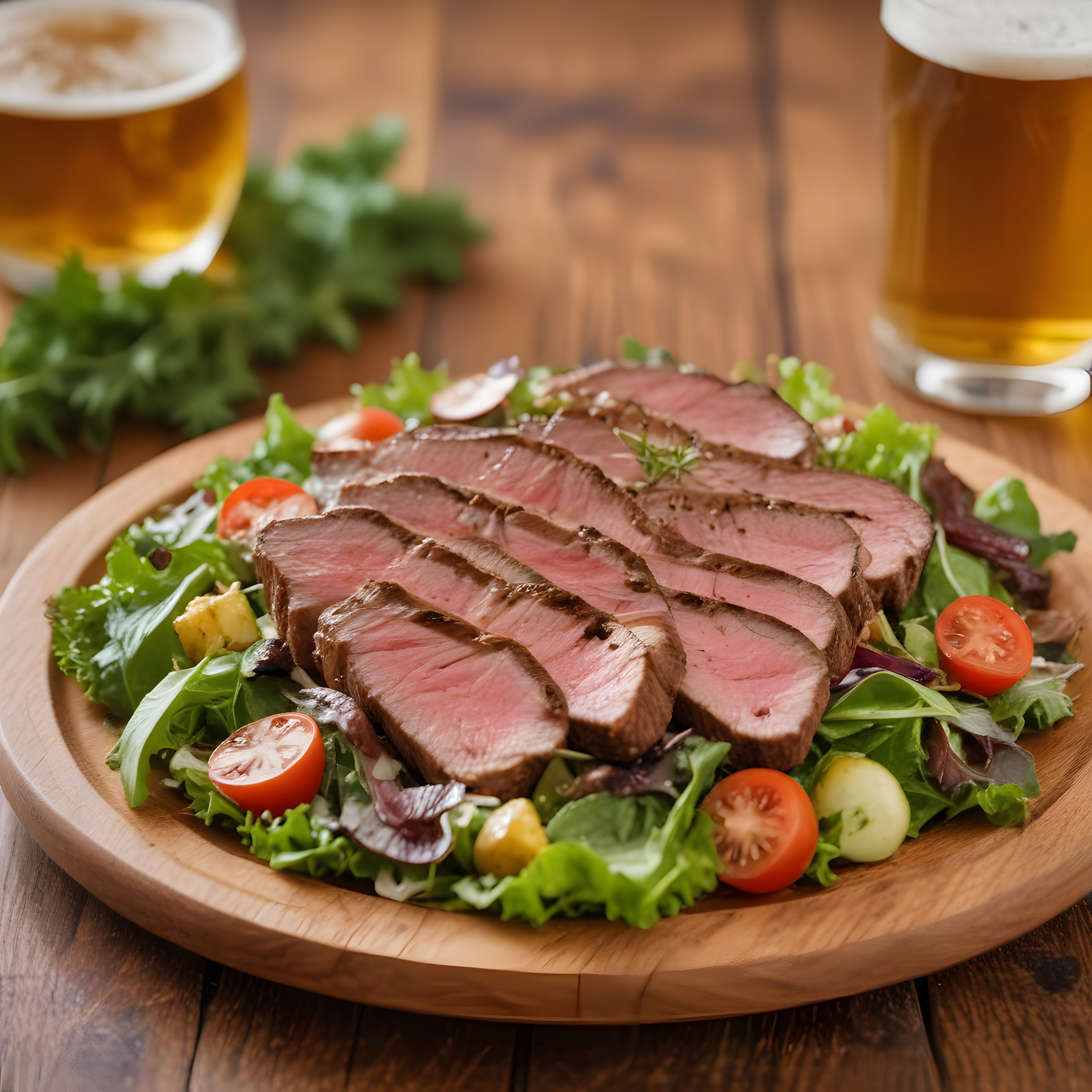 Ahşap Sunum Tahtasında Dilimlenmiş Biftek ve Taze Salata Eşliğinde Bira