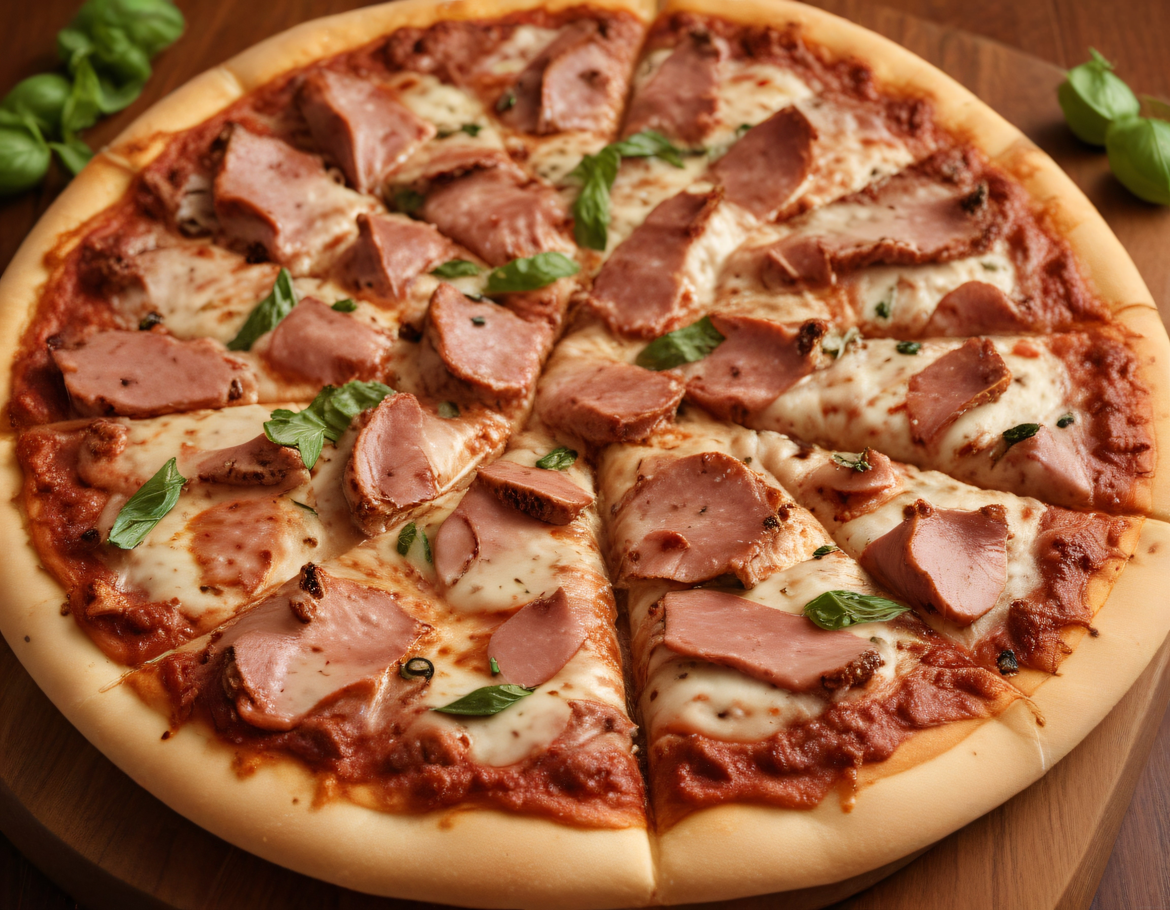 Ahşap Sunum Tahtasında Dilimlenmiş Jambonlu Mozarella ve Fesleğenli Pizza