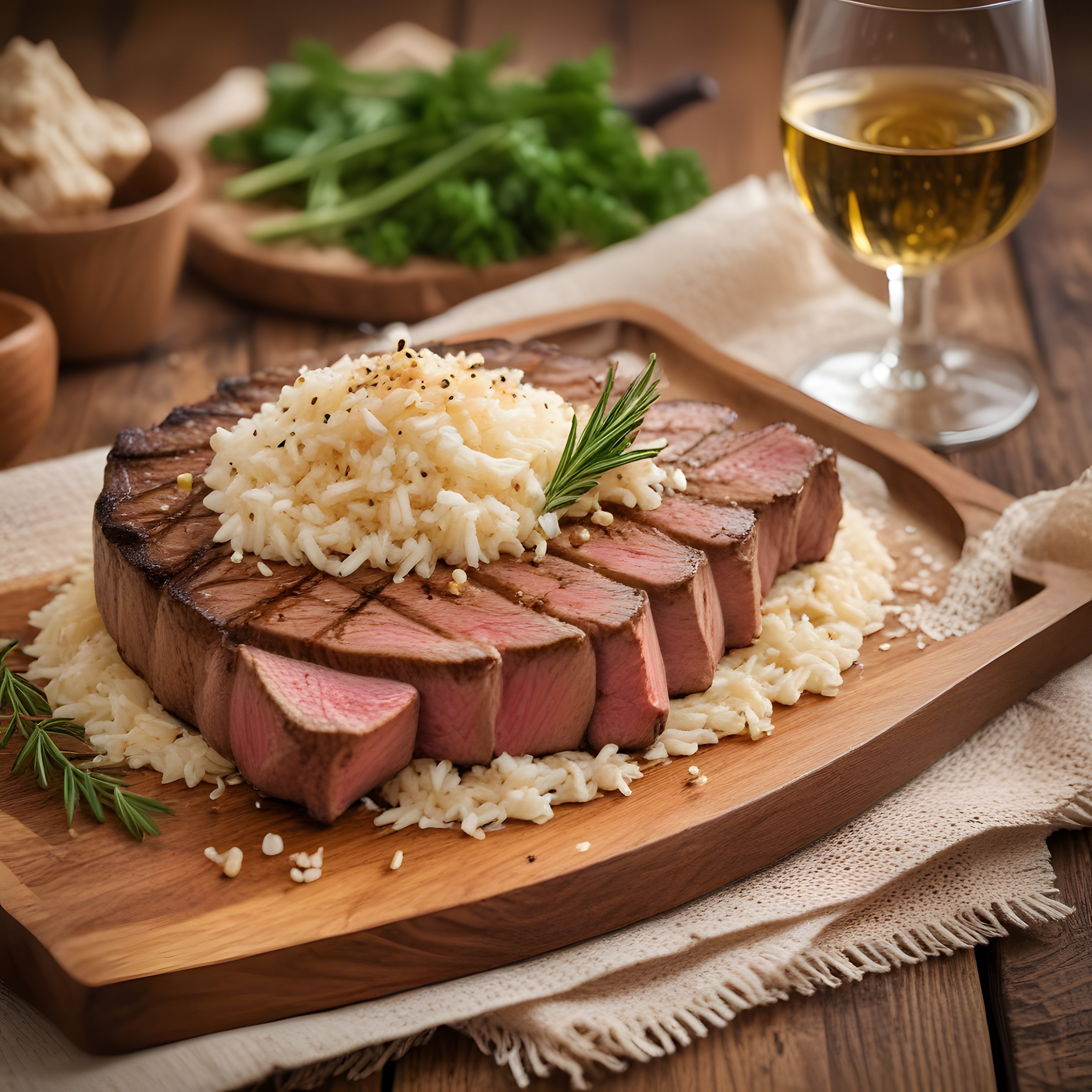 Ahşap Sunum Tahtasında Dilimlenmiş Nefis Steak ve Pilav Eşliğinde Rustik Sofra