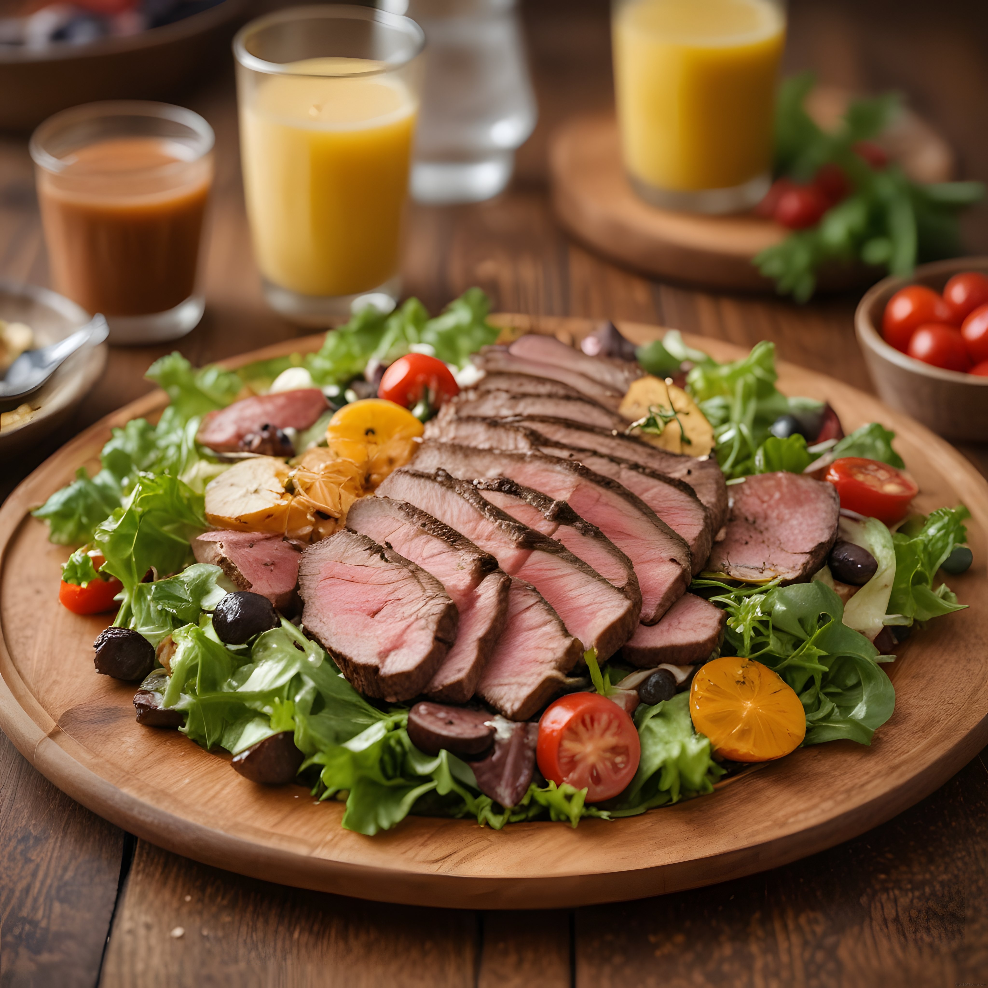 Ahşap Sunum Tahtasında Dilimlenmiş Rozbif ve Taze Salata Masası