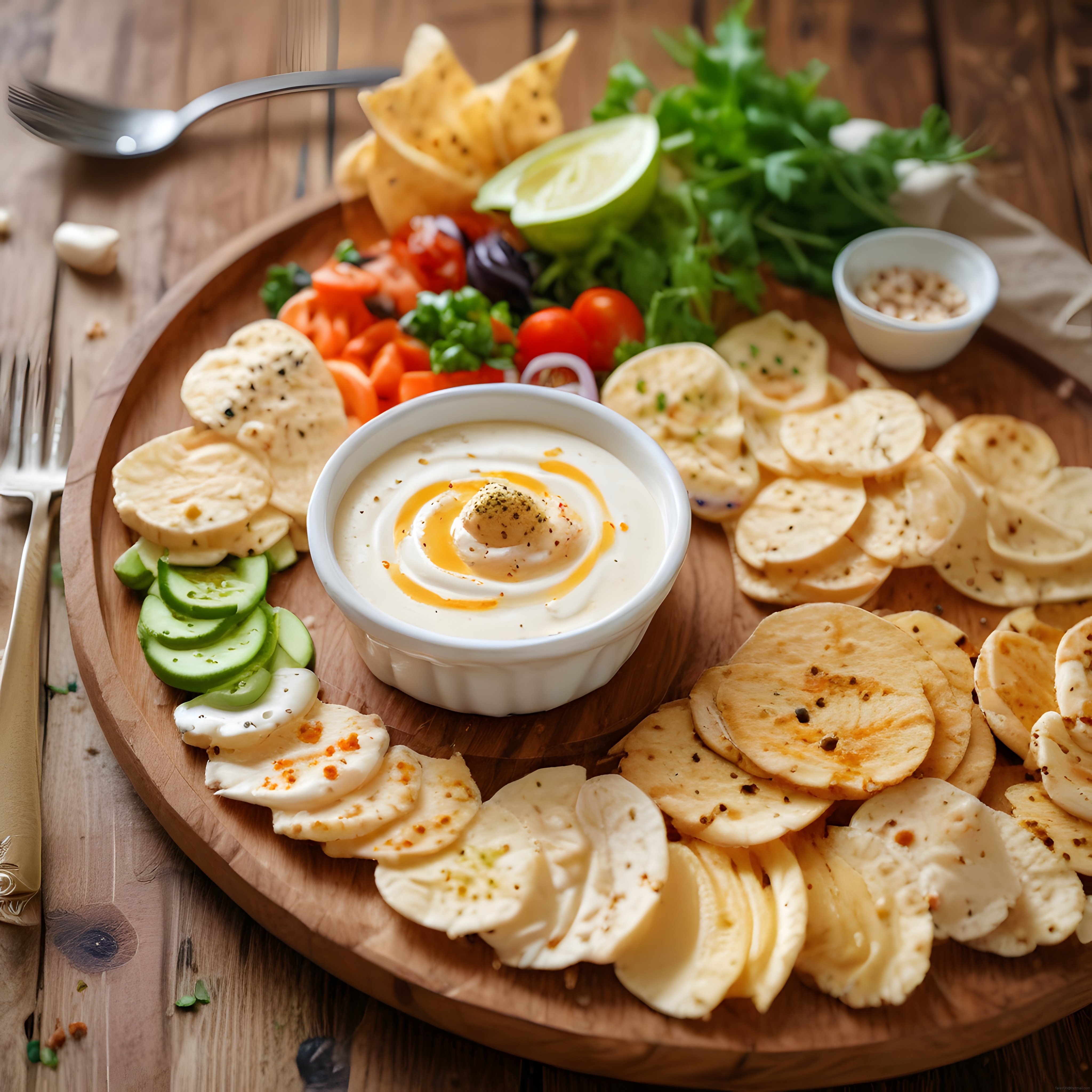 Ahşap sunum tahtasında dip sos, cips ve taze sebzelerden oluşan aperitif tabağı