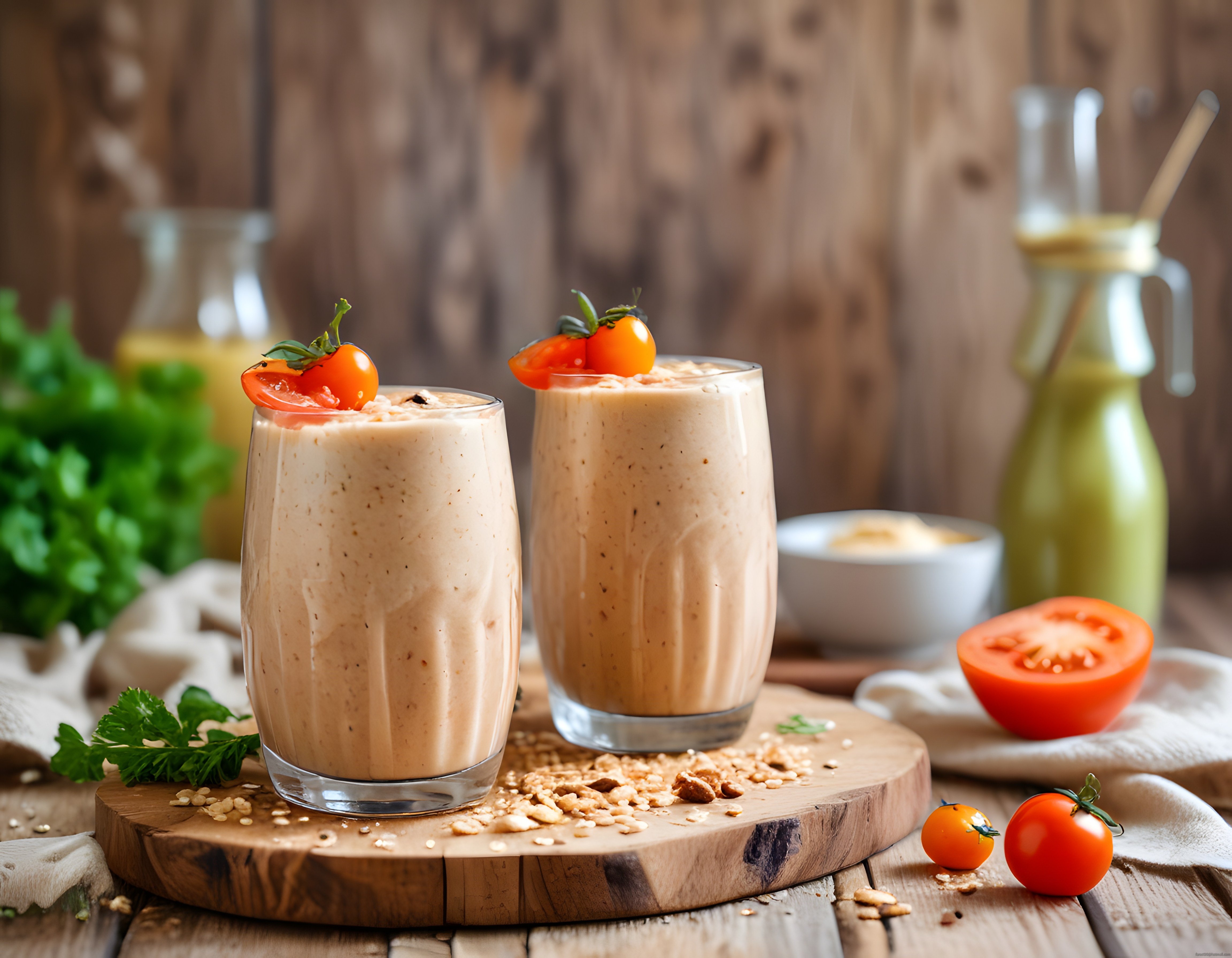 Ahşap Sunum Tahtasında Domates Fesleğenli Kahvaltılık Smoothie İkramı