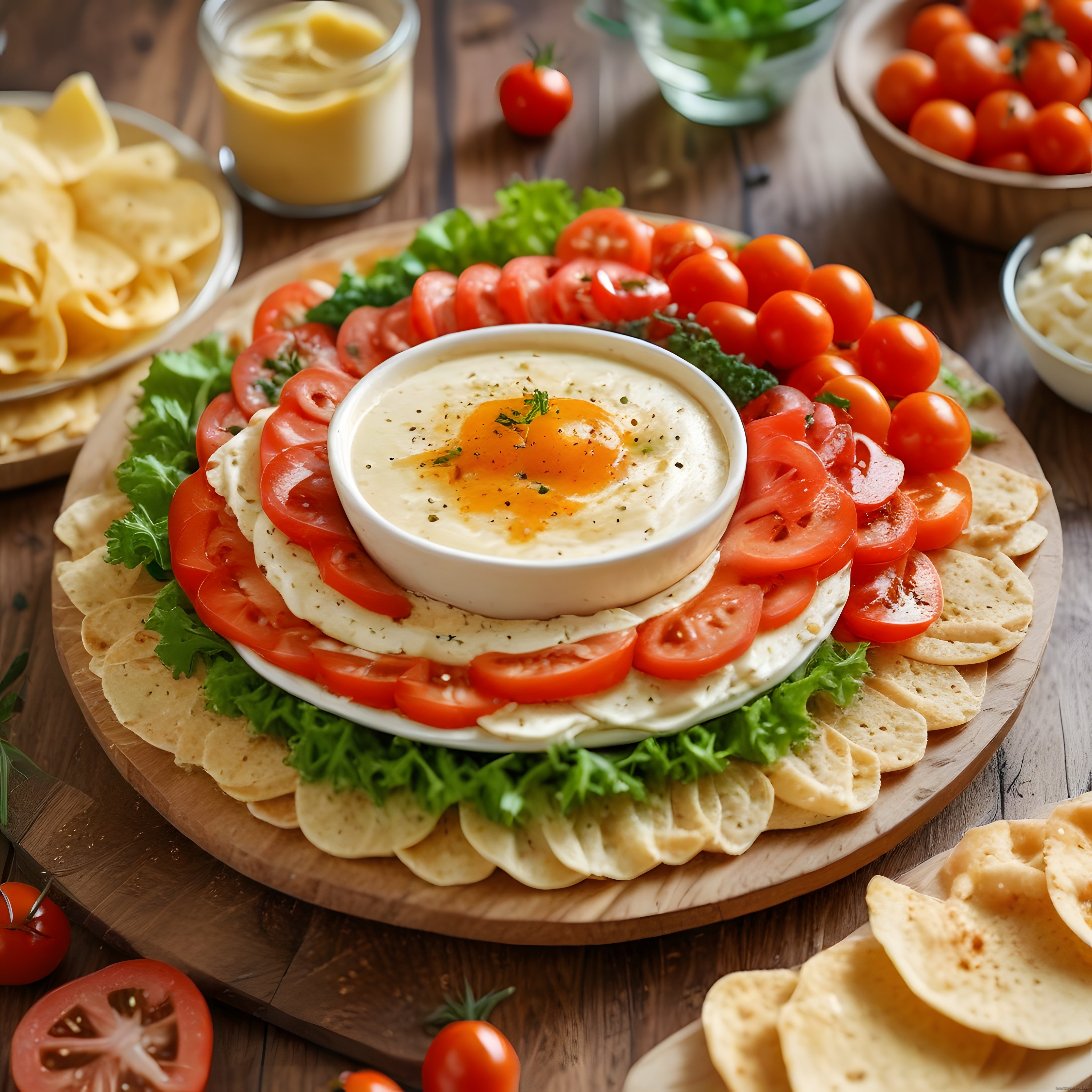Ahşap sunum tahtasında domates mozzarellalı kahvaltı tabağı ve humus