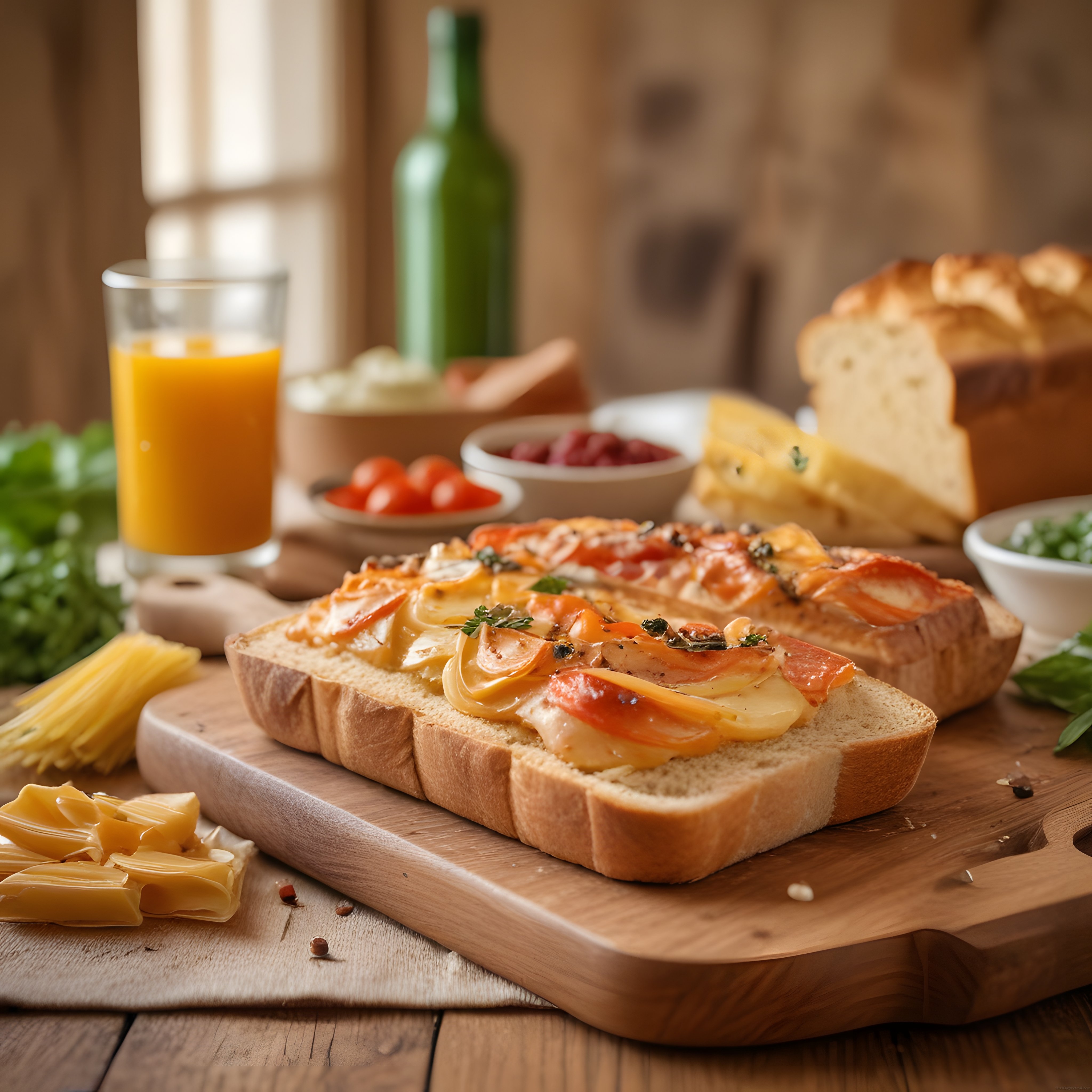 Ahşap Sunum Tahtasında Domates Peynirli Ekmek ve Portakal Suyuyla Kahvaltı