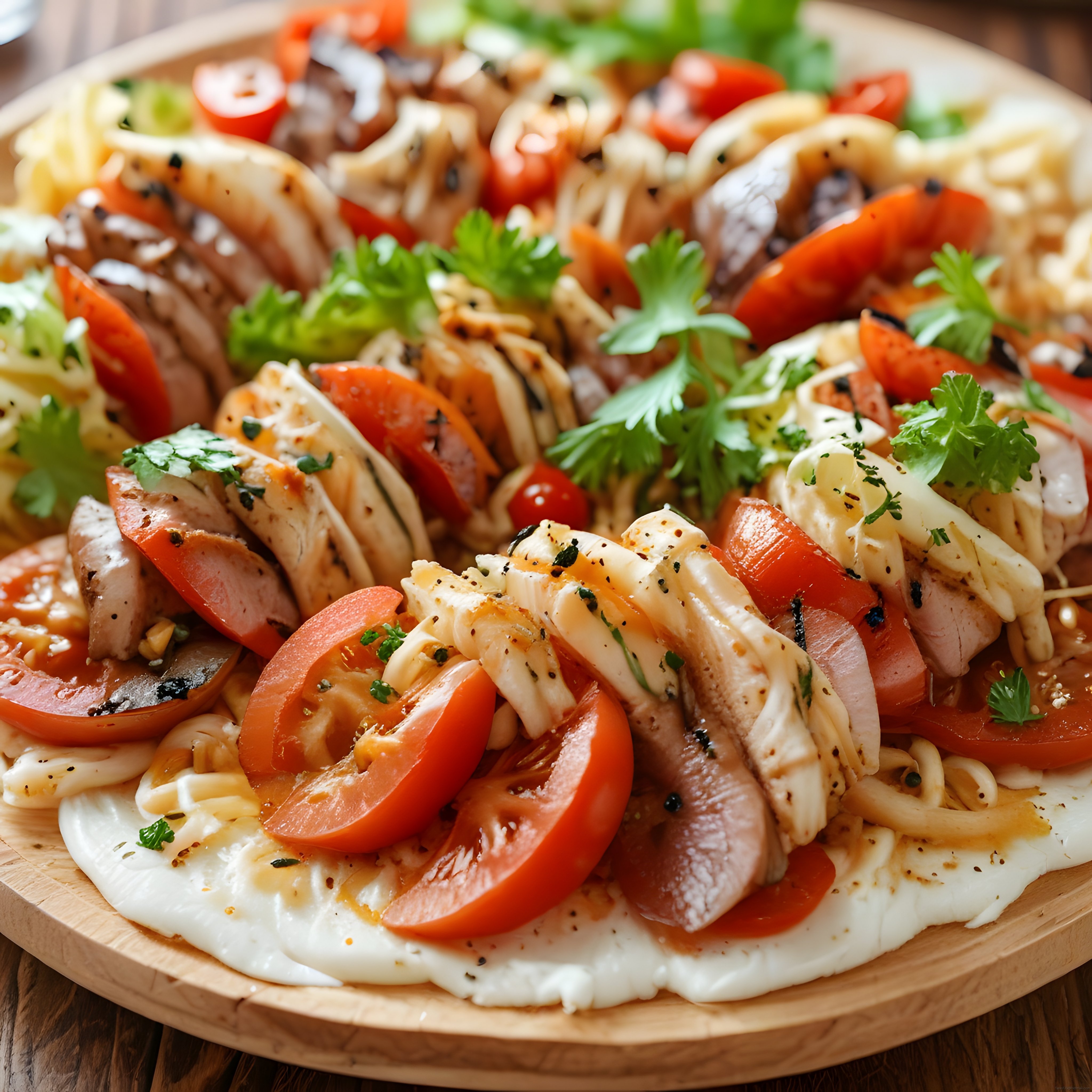 Ahşap Sunum Tahtasında Domates ve Peynirli Kahvaltılık Lezzetli Pizza Tabağı